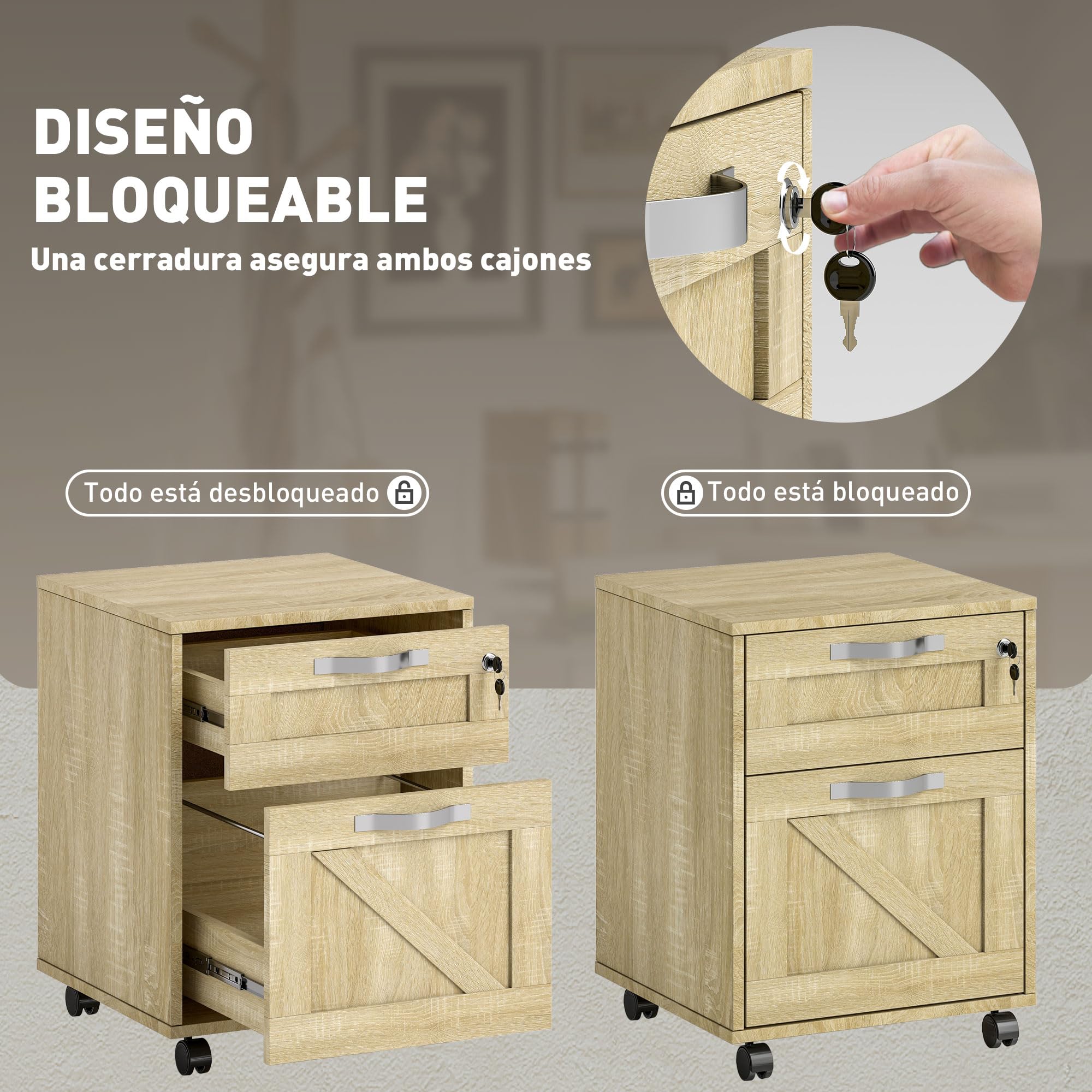 Vinsetto Cajonera de Oficina con 2 Cajones Cajonera con Ruedas Mueble Archivador Móvil con Cerradura y Carpetas Colgantes para Tamaño A4 41x42x56 cm Natural