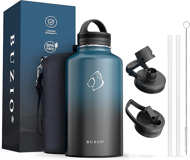 BUZIO 1800ml Stainless Steel Insulated Water Bottle Flask Jug, Water Bottle with Straw Lids, Half Gallon Canteen Metal Thermo Mug Hydro Jug, Double Vacuum Hot Cold Water Bottles,Indigo Crush