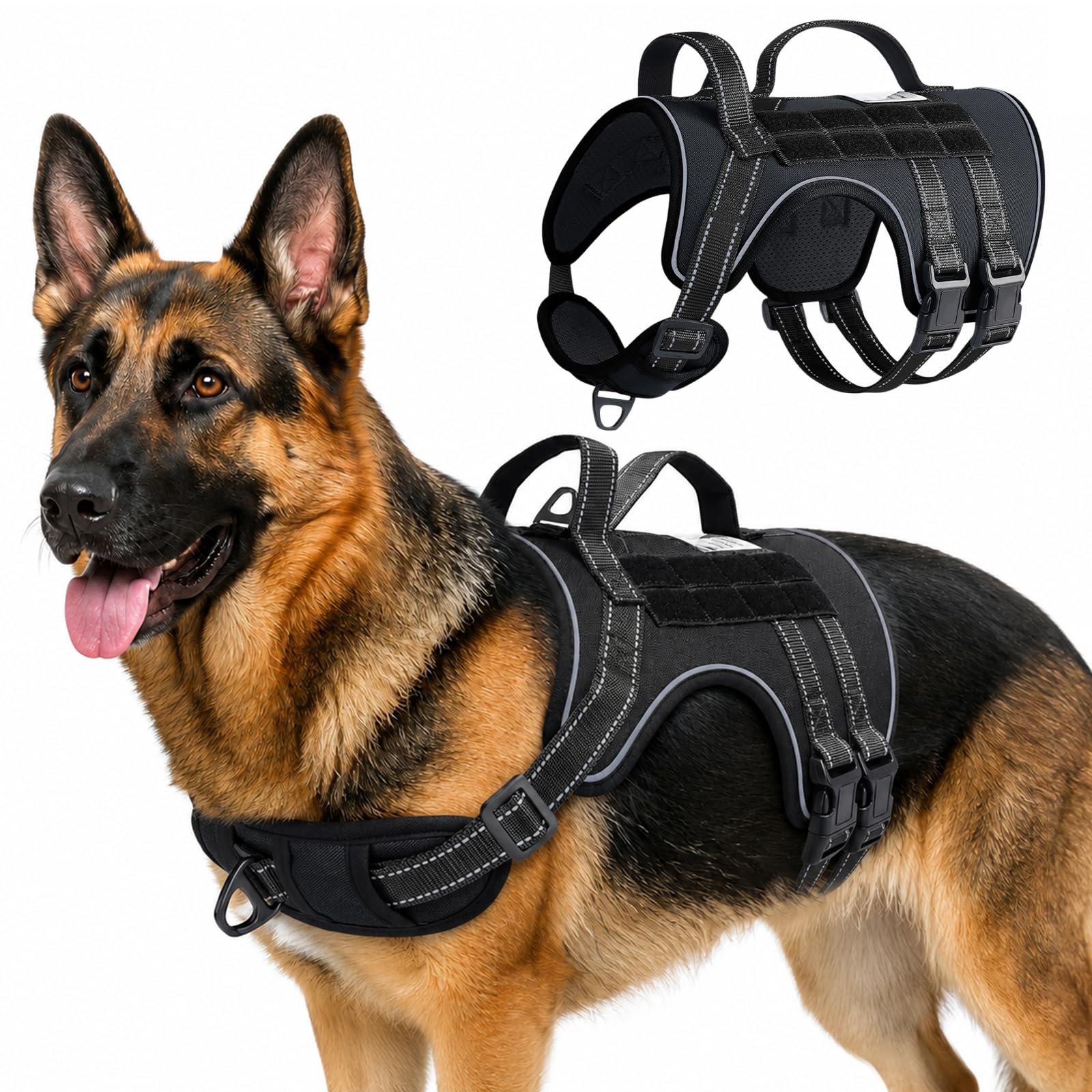 Avepisry Tactical Dog Harness for Medium Large Dogs, Heavy Duty No Pull Dog Harness with Breathable Mesh Padded, Adjustable Reflective Escape-Proof Pet Harness for Walking Hiking Training (Black, XL)