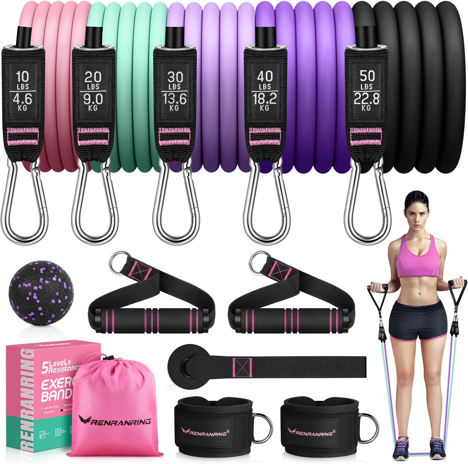 RENRANRING Resistance Bands for Working Out, 150LBS Exercise Bands, Workout Bands, Resistance Bands Set with Handles for Men Women, Legs Ankle Straps