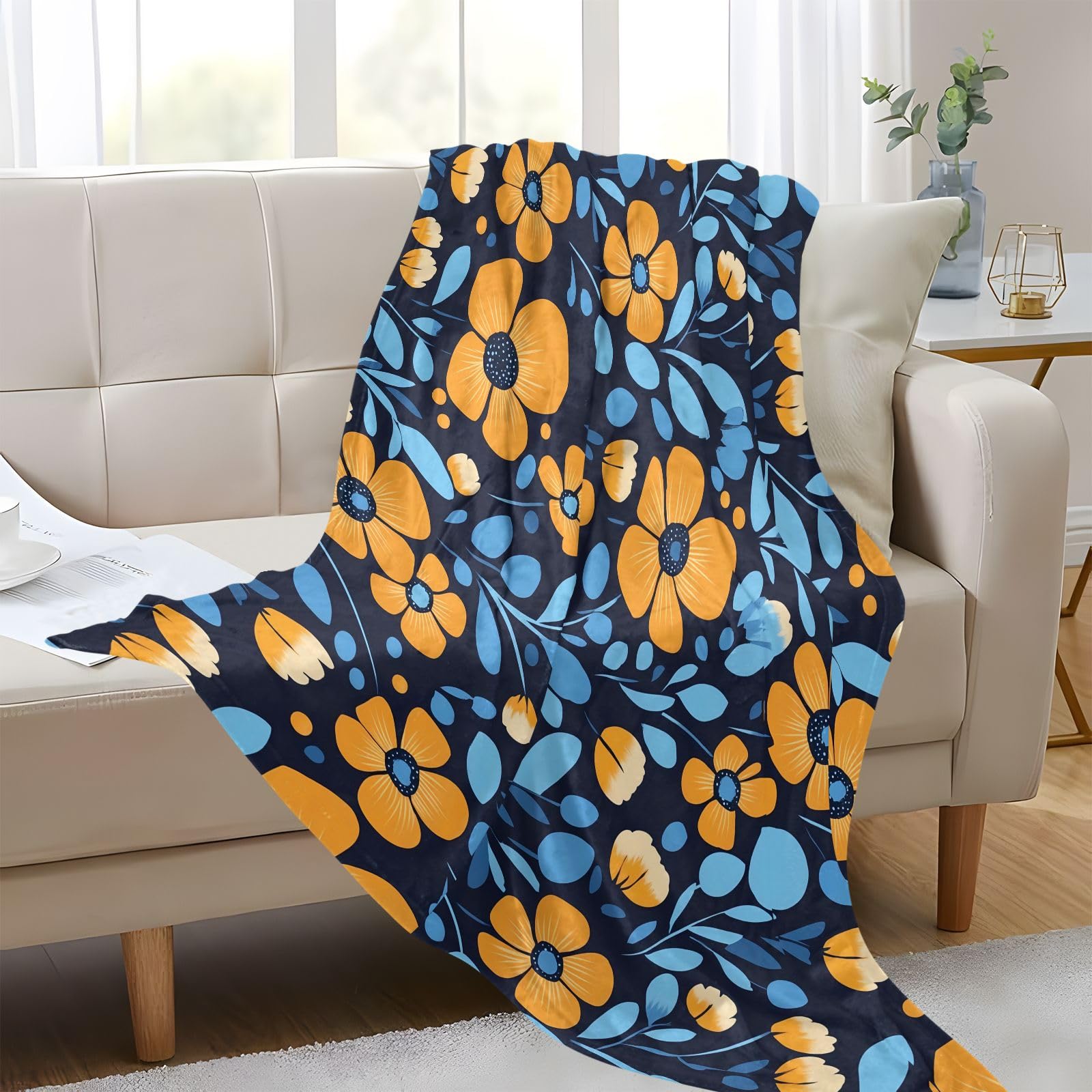 ABCD FLEURS sofa blanket ブランケット Amazon.com: Blue Yellow Orange Flowers Blanket Throws 55x70 White