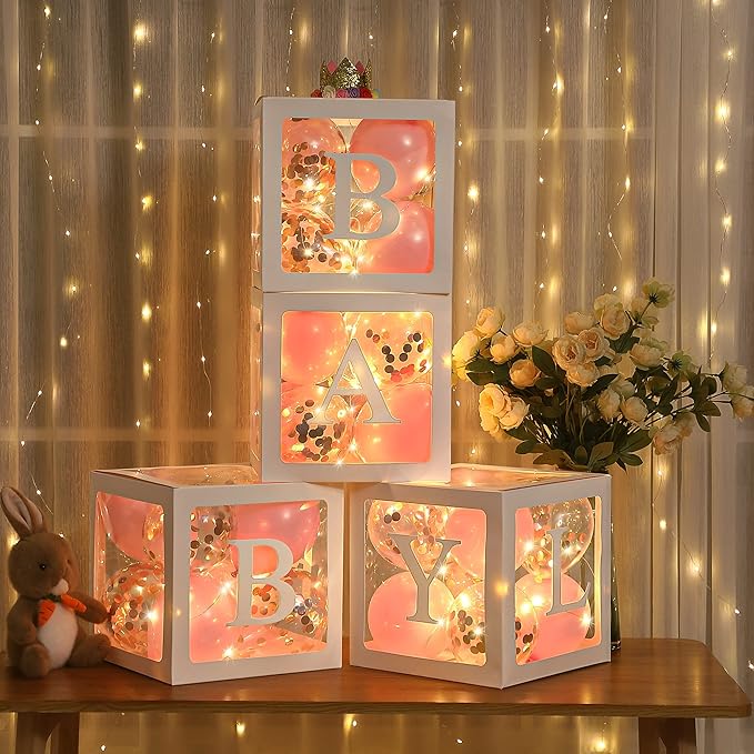 Baby Shower Balloon Box Decorations, 4 Pcs Baby Blocks Transparent Balloon Boxes with “BABY GIRL” Le...