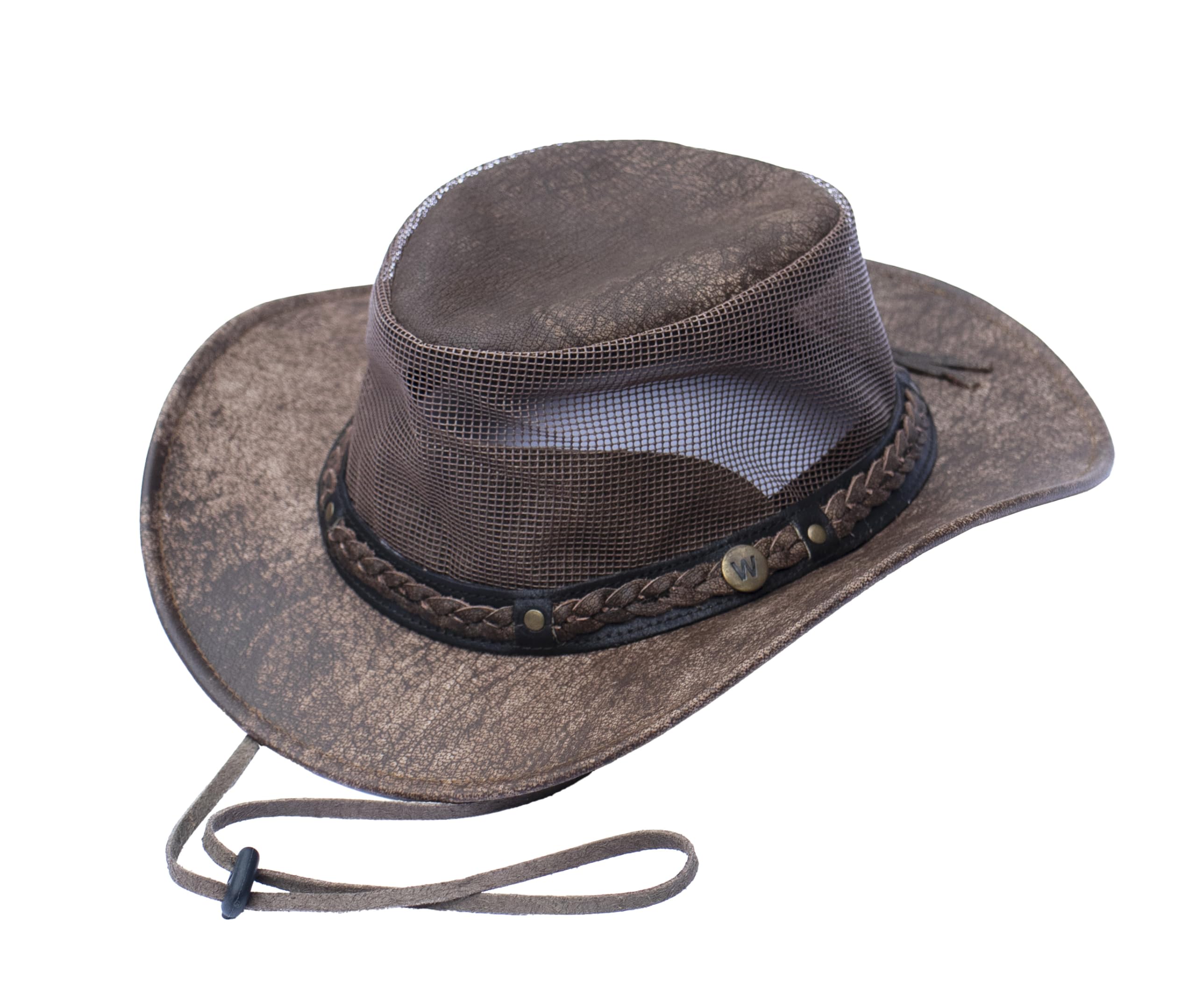 Wombat Leather Unisex Brown Wombat Australian Leather Hat, Cowboy Hats Breathable With Mesh Sides, Bush, Outback Mens Womens Hiking Safari Trekking Adventure Outdoor Foldable Lightweight - Small