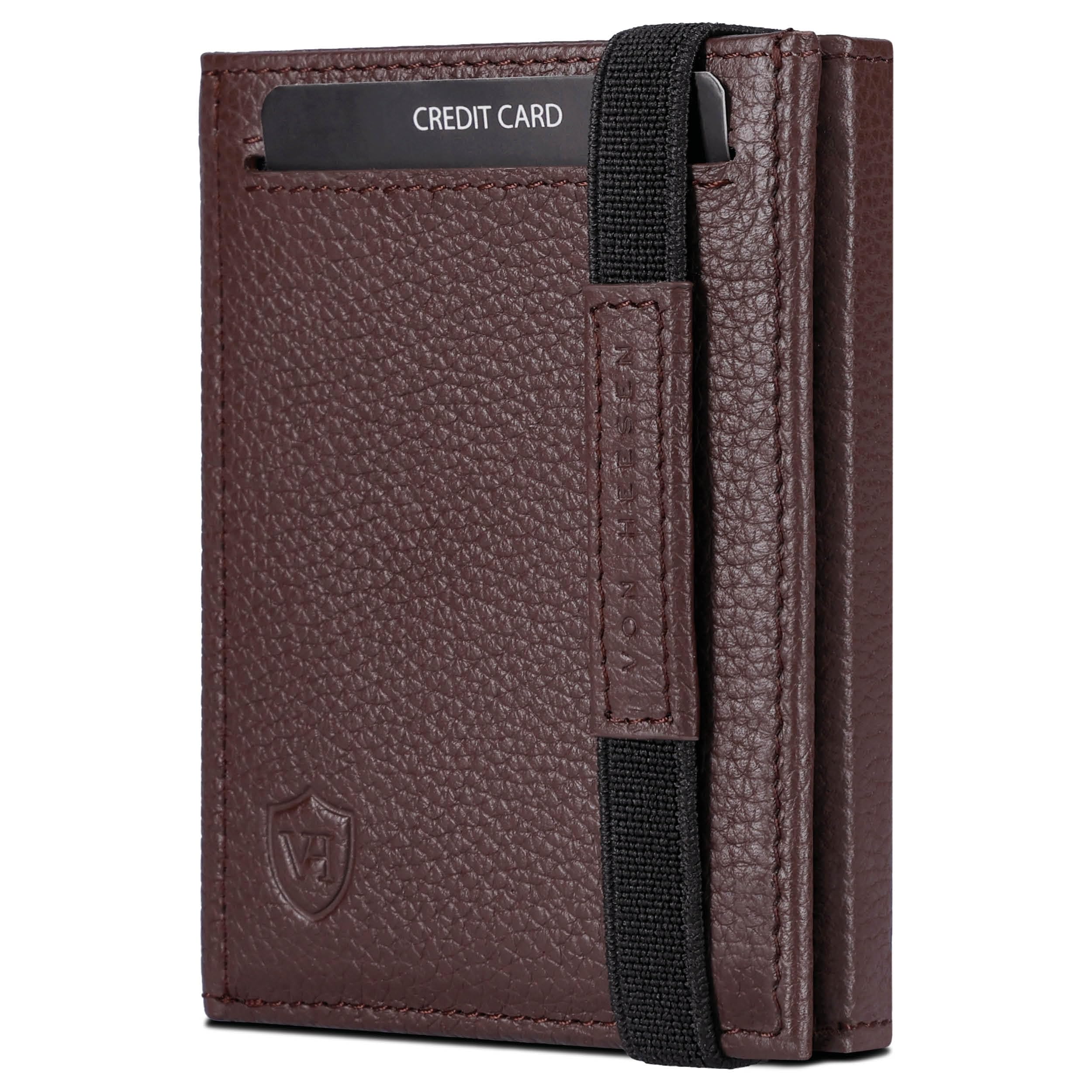 VON HEESEN Slim Wallet mit Münzfach & RFID Schutz - Leder Geldbörse Herren klein - Mini Geldbeutel Damen Portmonee - Kartenetui Echtleder Karten Portemonnaie - Kreditkartenetui Braun