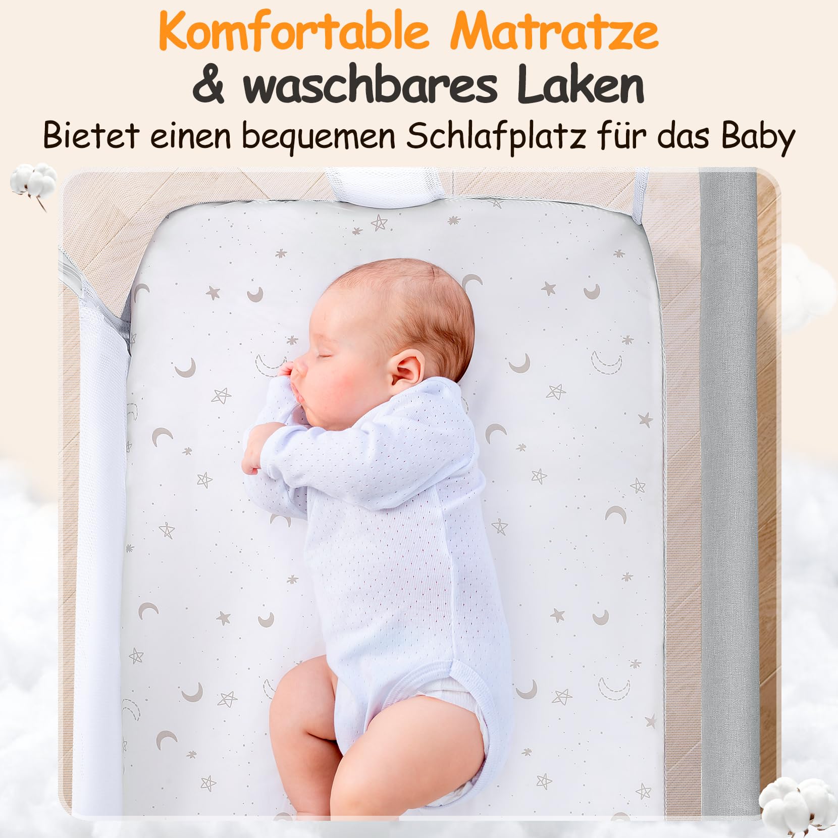 Baby Beistellbett 2-in-1, 7-fach höhenverstellbar, mit Rädern & Stauraum