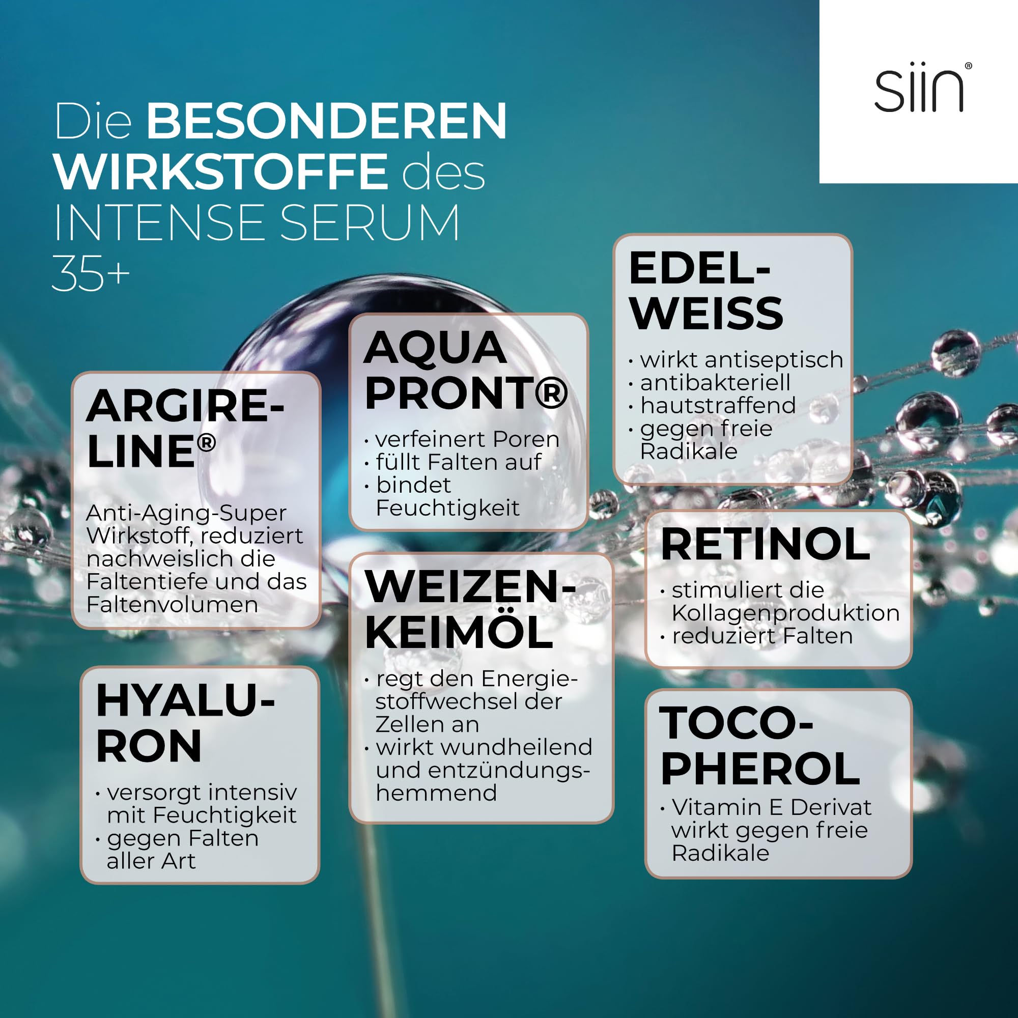 siin Intense 35+ Anti Aging Gesichtsserum gegen Mimikfalten & Alterungfalten - glättet, strafft, Hyaluron Serum Anti-Aging Creme - mit Edelweiss, Jojobaöl, Sheabutter - für normale & Mischhaut