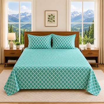 Teal Geometric Queen Size Bedsheet with 2 Pillow Covers | Soft, Breathable & Bedding Set | Modern Diamond Pattern Room Decor (90 x 100 Inches)