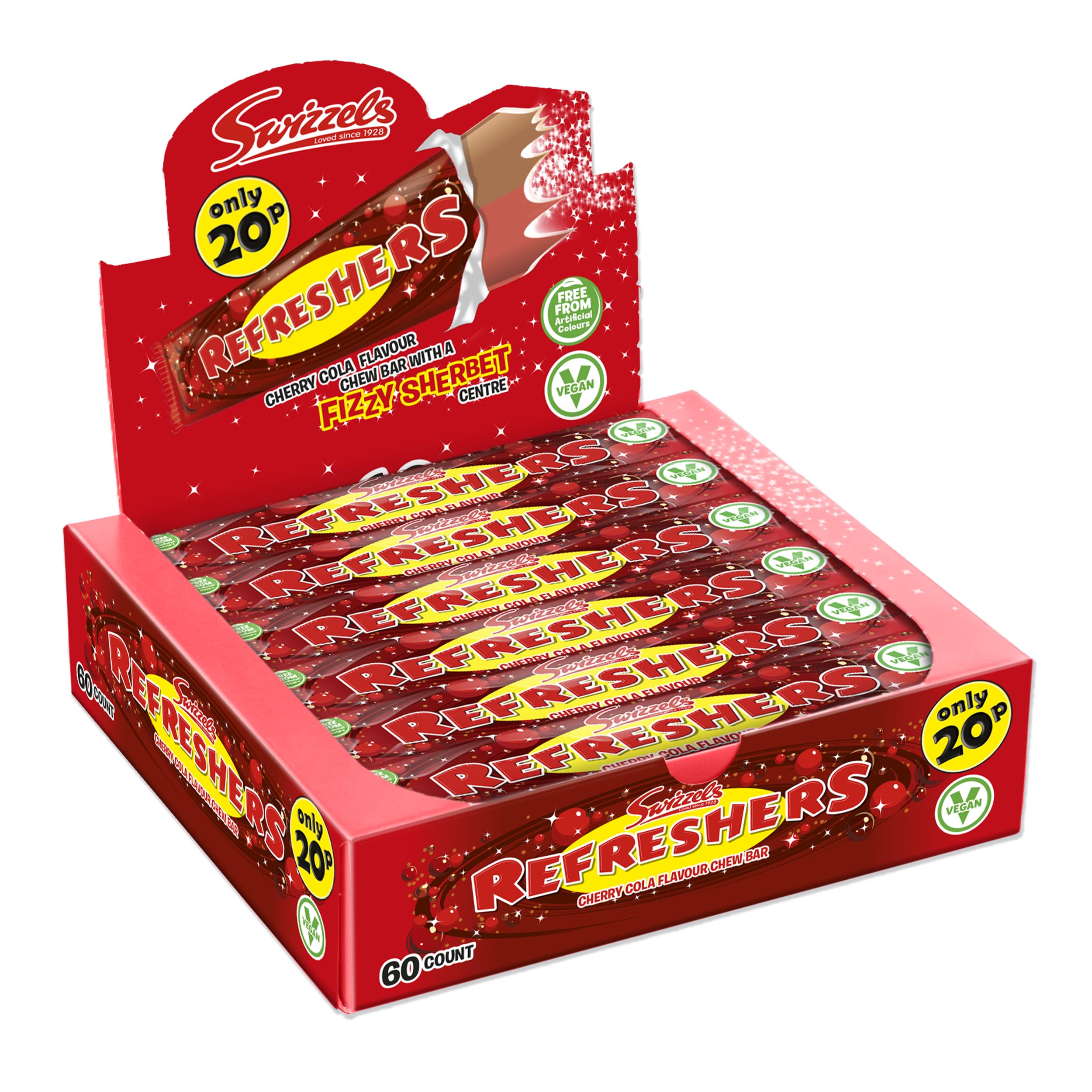Swizzels Refreshers Cherry Cola Chew Bars 60 Pack, Fizzy Sherbet Centre Retro Sweets, Individually Wrapped PMP Candy Bars