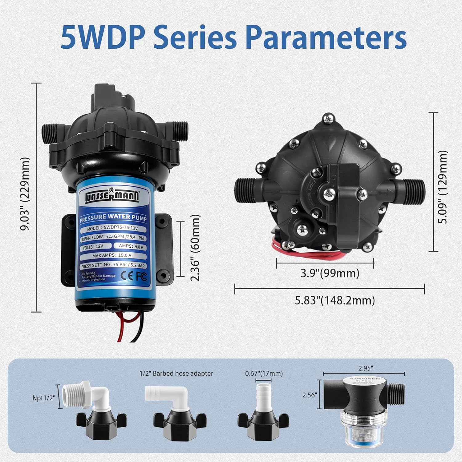 WASSERMANN 55-Series Boat Water Pressure Pumps,12V DC 7.5 GPM 75 PSI,5 Chamber Self-Priming with Heavy Duty Pressure Switch Diaphragm Water Pump,for Boat Decks, Large RV, Yacht Marine Caravan