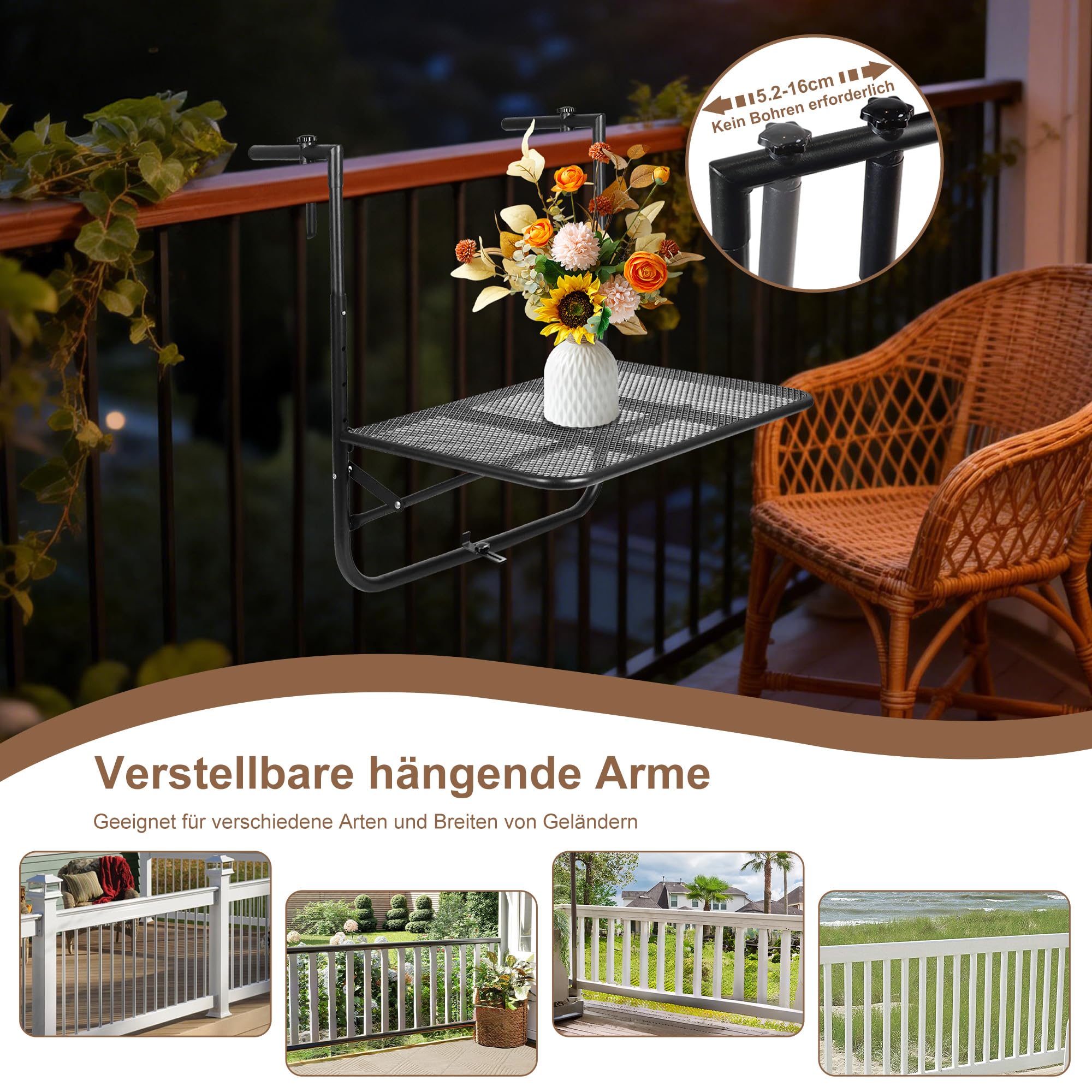 Tavolo sospeso per ringhiera da balcone, in metallo, stabile struttura triangolare, regolabile a 4 livelli, tavolo da balcone pieghevole, tavolo sospeso, tavolo pieghevole per giardino, balcone