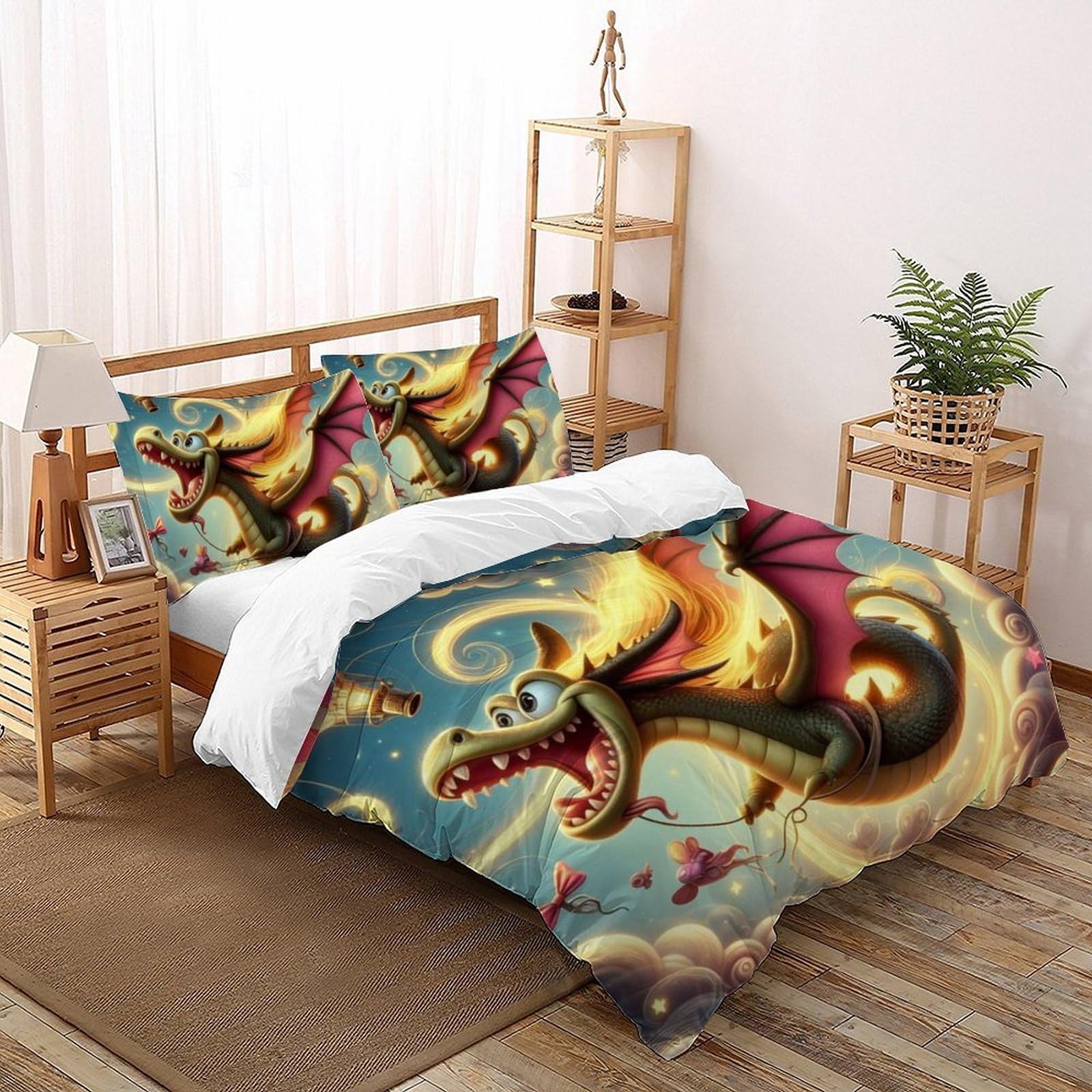 Housse de couette 3D dragon fermeture éclair parure de lit enfant 3 pièces