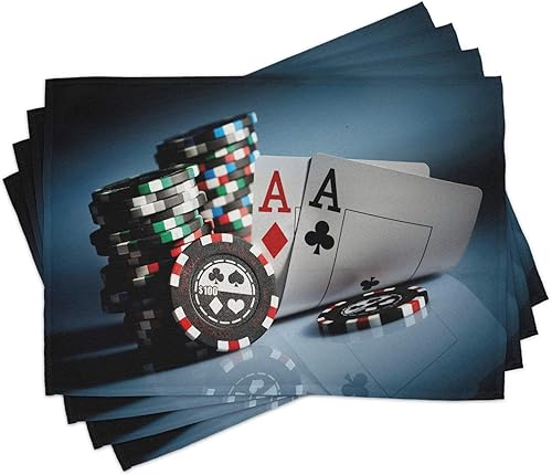 Lunarable Juego de 4 manteles individuales para torneo de póquer, fichas de juego y par de tarjetas de Ases Casino Apuestas de Juegos de Apuestas de