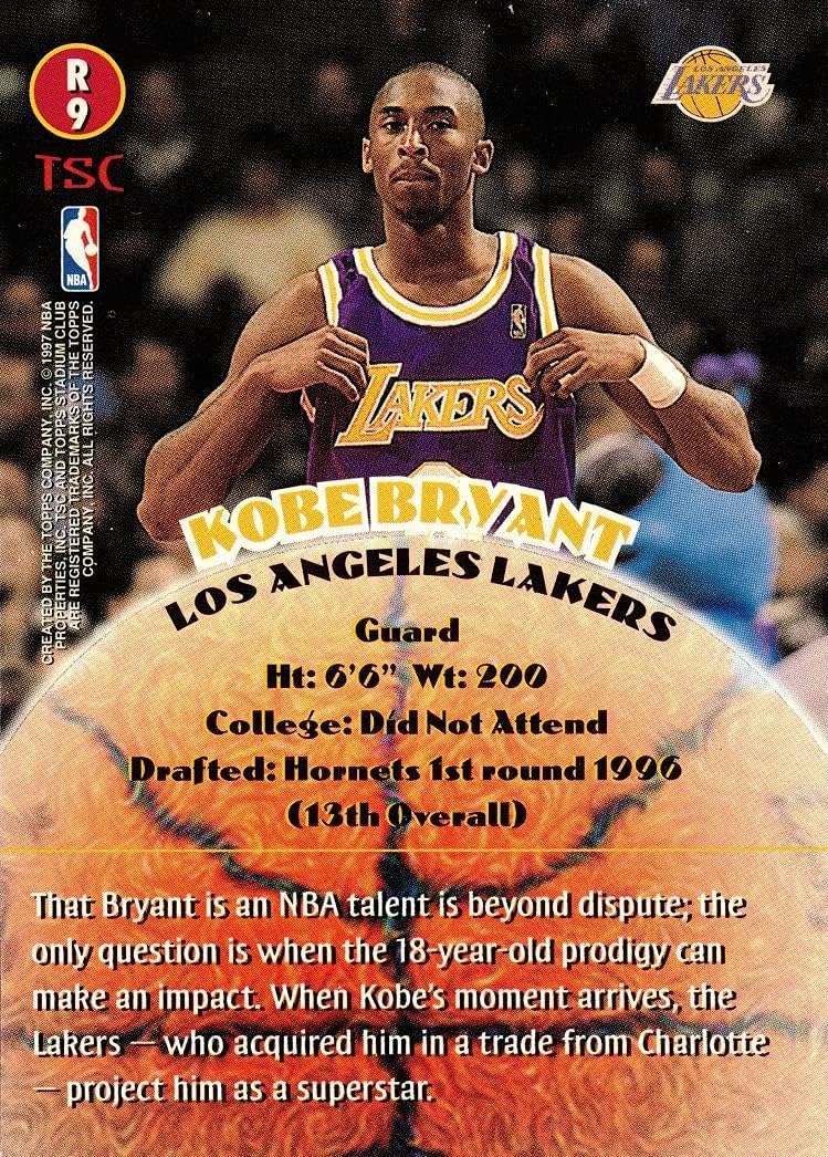 1996-97 Topps Stadium Club Rookies #R9 Kobe Bryant Basketball Card Lakers