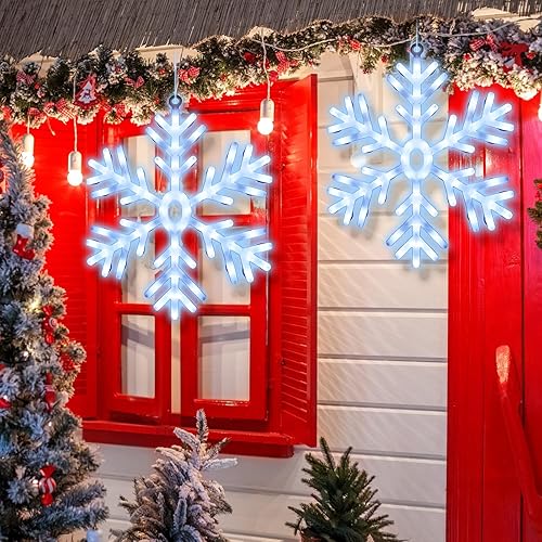 Miniatura 4 de Juego de 2 luces LED de copo de nieve de 24 pulgadas, decoraciones de copo de nieve grandes de Navidad, luces colgantes de copo de nieve iluminadas