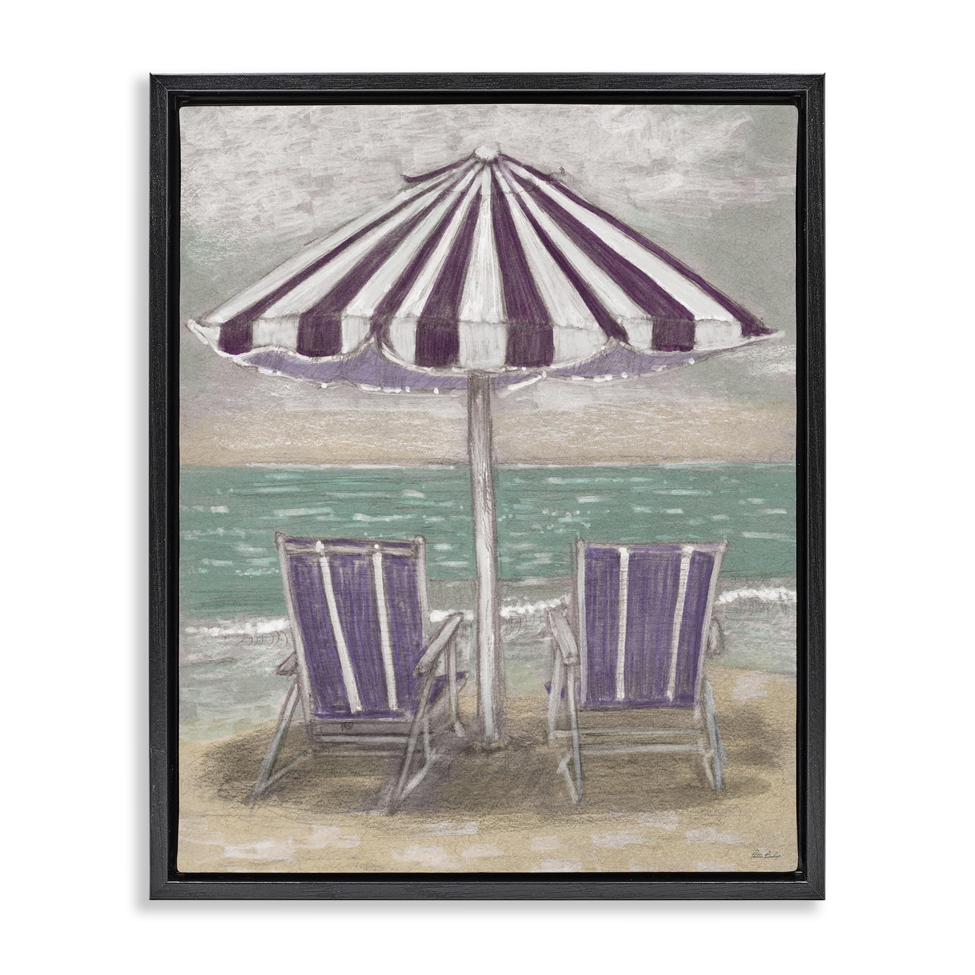 Stupell Industries Jet Black (Matte) 'Umbrella & Chairs On Beach', Floating Frame Canvas Art, Black, 25 X 31 Inches, Easy To Hang And Sturdy, Made In Usa, By Patti Bishop