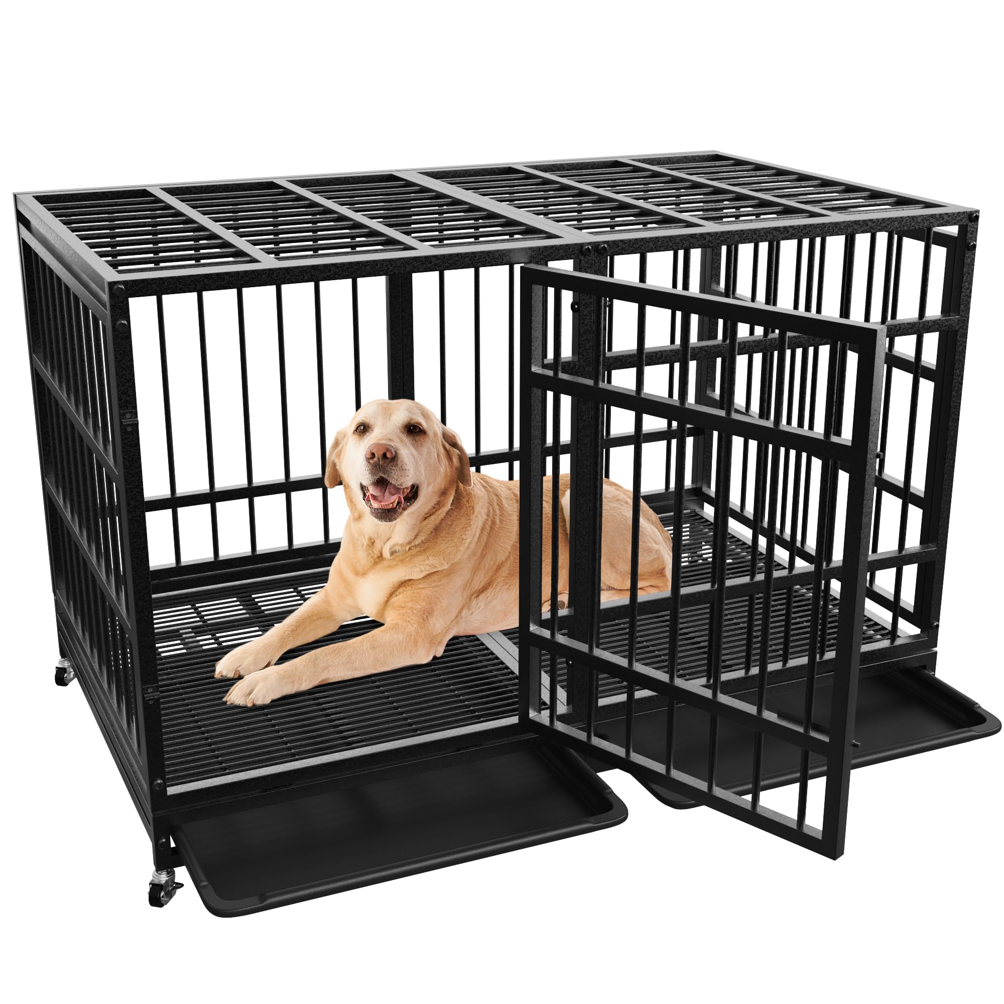 48 Inch Heavy Duty Dog Crate for Large Dogs Indestructible Dog Cage XL High Anxiety with Wheels Impact Escape-Proof Dogs Crate Kennel Indoor with Locks and 2 Removable Trays