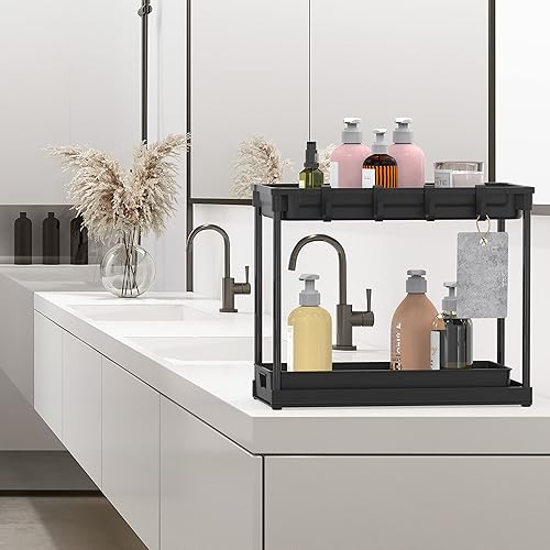 Miniatura 4 de Simple Houseware Organizador de almacenamiento estándar de 2 niveles para debajo del fregadero, color negro
