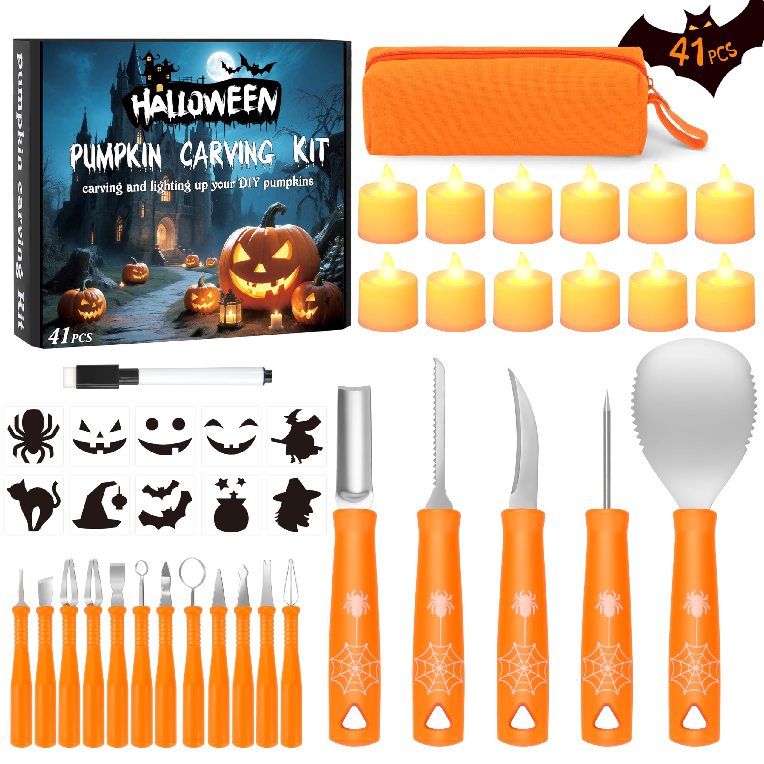 Charmofun Halloween Kürbis Schnitzset mit 12 LED Kerzen, 17 Stück Kürbis Schnitzwerkzeug, Kürbisschnitz Set mit Schnitzvorlagen, DIY Halloween Kürbis Dekoration Edelstahl Schnitzmesser für Kinder