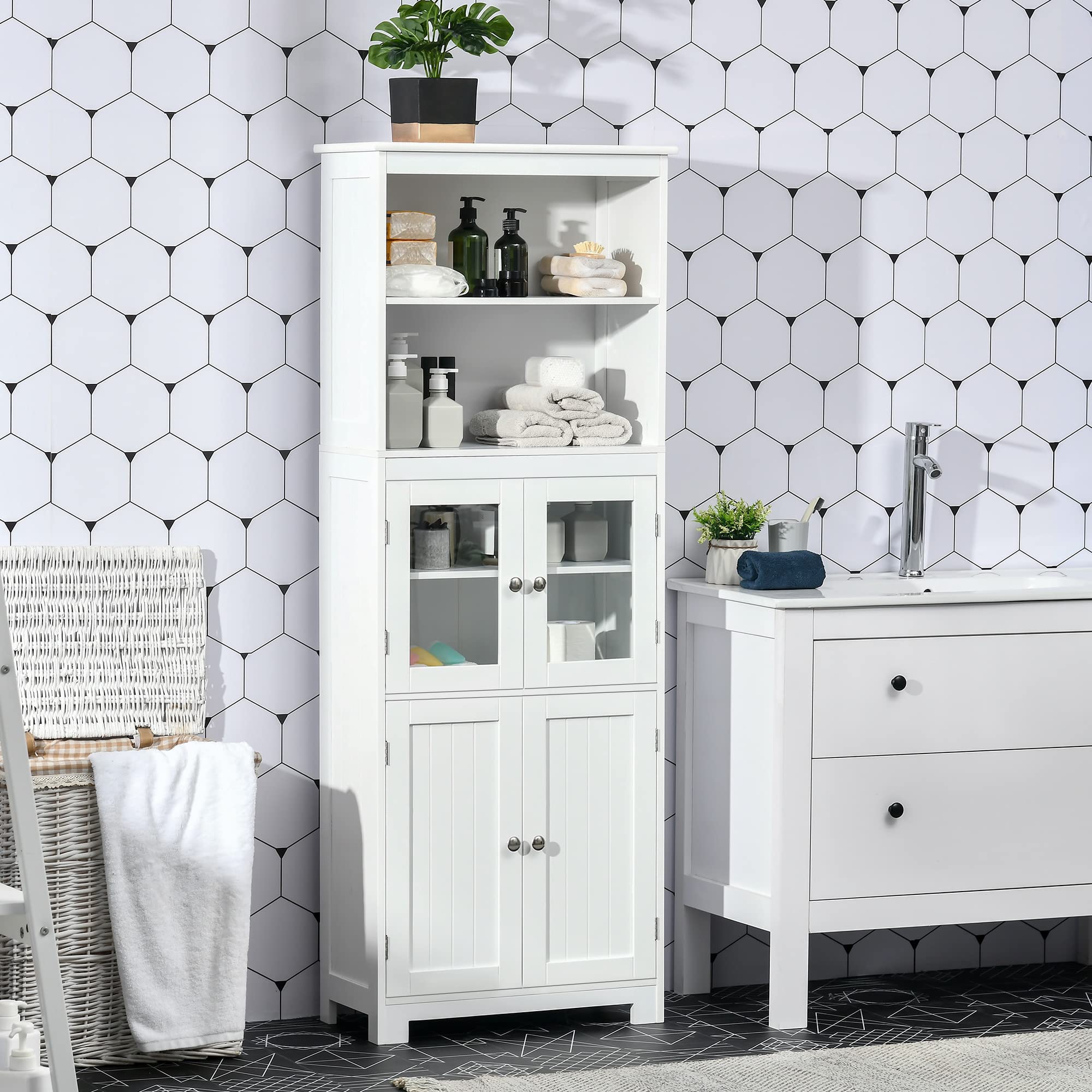 HOMCOM Küchenschrank, Küchenbuffet, Vitrinenschrank mit 2 Schränken, 2 Offenen Ebenen, Mehrzweckschrank mit Anti-Kipp-Schutz, für Esszimmer, Wohnzimmer, 60 x 30 x 162 cm, Weiß