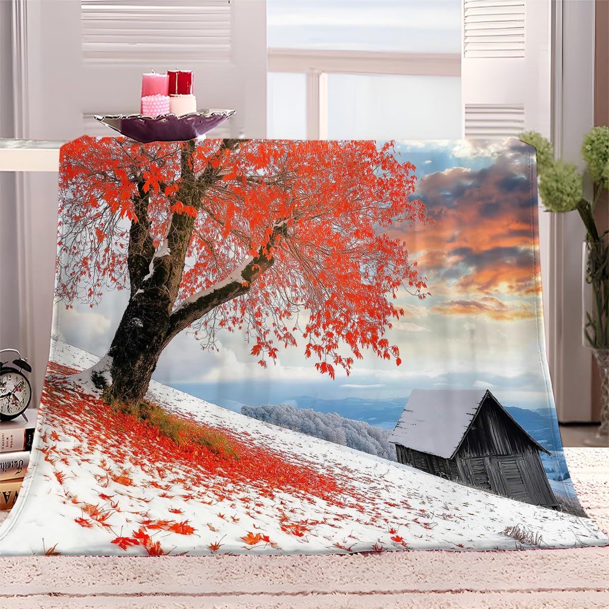 Plaid Couverture Polaire 180x200 cm Feuilles D'Érable De Maison De Montagne De Neige Couverture Flanelle, Plaid Polaire Sherpa, Couverture Chaud Canapé, Jete de lit, Couverture Peluche Moelleuse
