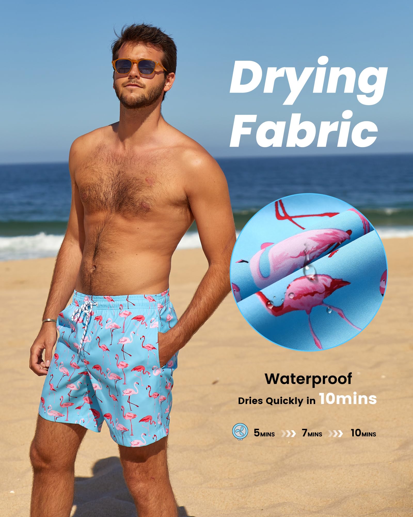 MaaMgic Pantaloncini da Bagno da Uomo Asciugatura Veloce Costume da Bagno per Surf sulla Spiaggia Multi-funzioni Allenamento casa con Fodera in Mesh, Fenicottero Azzurro, L