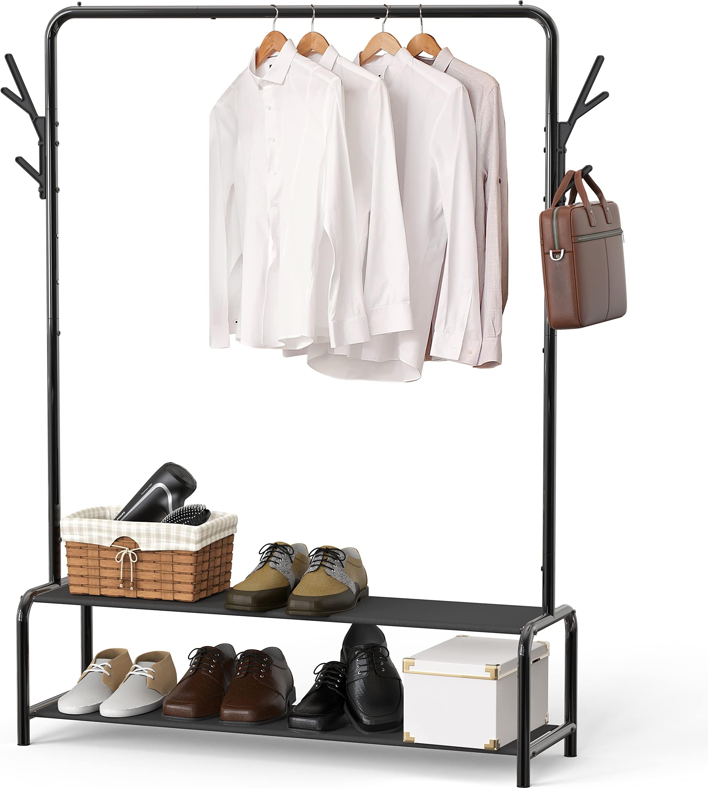 Clothing Double Rod Garment Rack with Shelves, Metal Hang