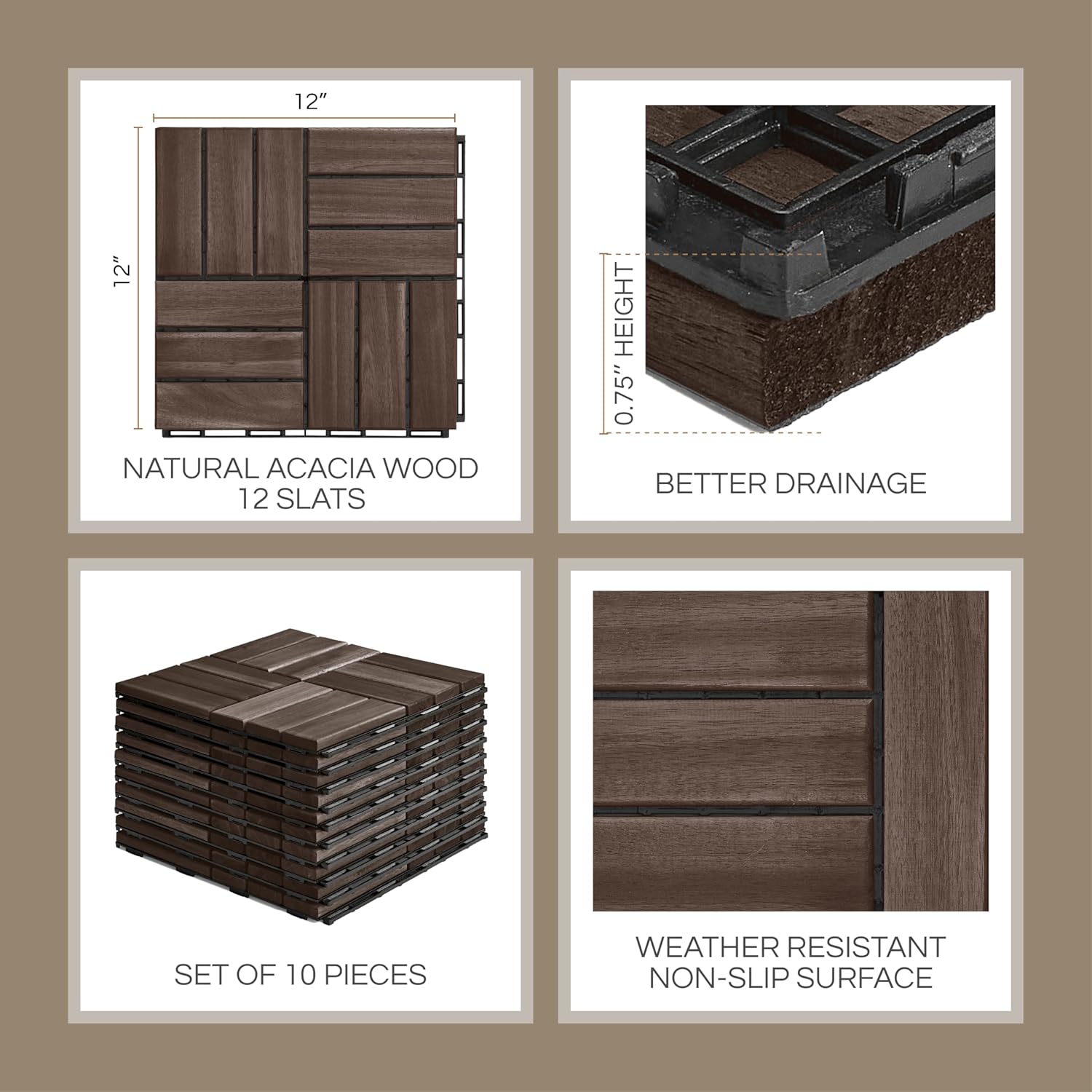 THYOI 10 Pcs Premium Deck Tiles, Patio Flooring - Outdoor Waterproof Acacia Wood Tiles for All Weather Use - Balcony, Backyard, Indoor & Outdoor (Espresso Crossed Pattern, 10 Square Ft)