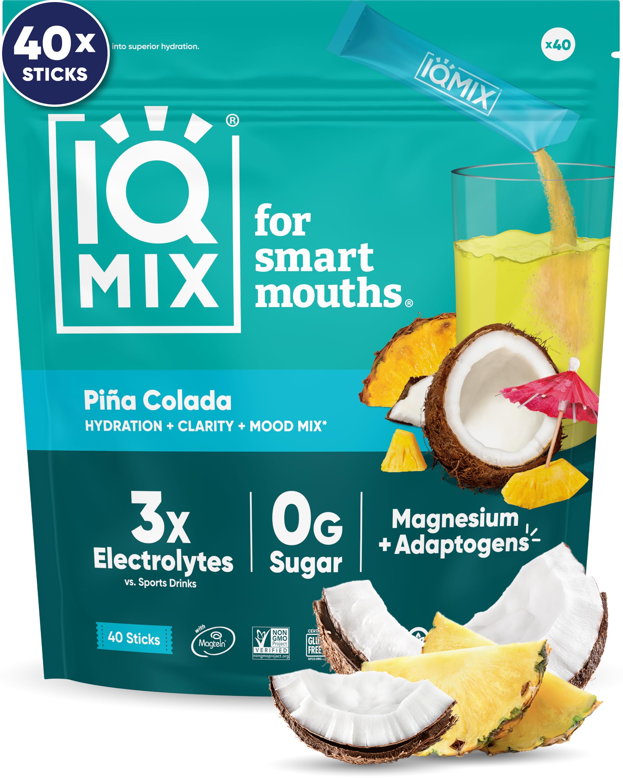 IQMIX Hydration Electrolyte Powder – 4-in-1 Formula for Hydration, Mental Clarity, Mood and Recovery – Sugar-Free Drink Mix, Keto, Magnesium L-Threonate, Lion’s Mane – 40 Count Piña Colada