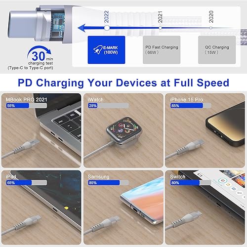 Miniatura 3 de Cable de carga múltiple USB C 4 en 2 de 100 W para iWatchiPhone 15 14AndroidLaptop Certificado MFi, 10 pies, 6A PD Cable de carga múltiple Combo