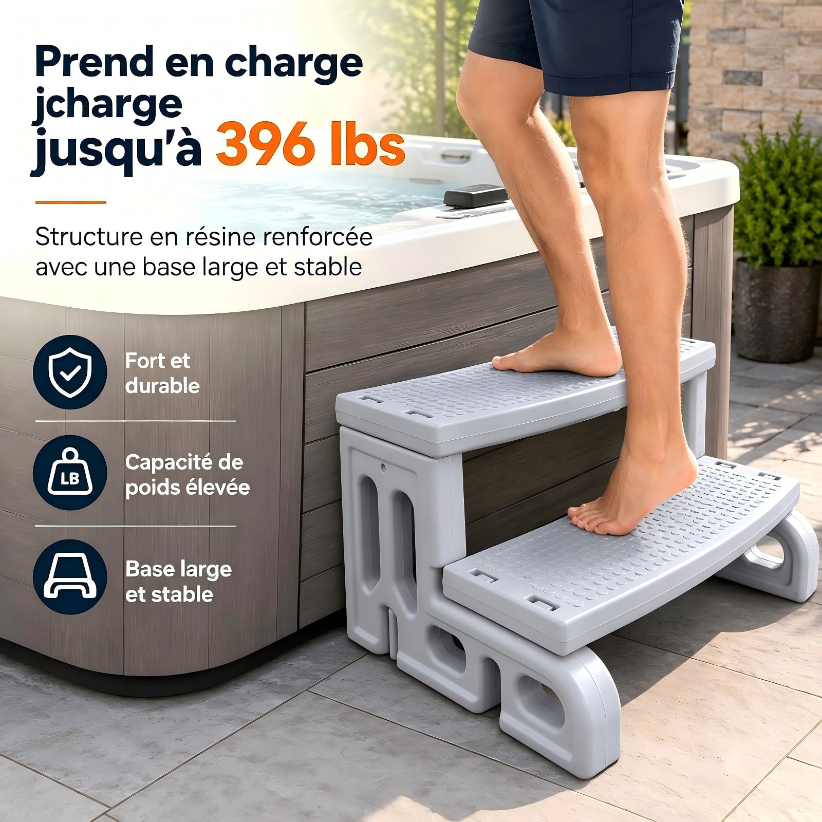 Whirlpool Escalier à 2 marches antidérapant Portable Universel en Plastique pour l'extérieur