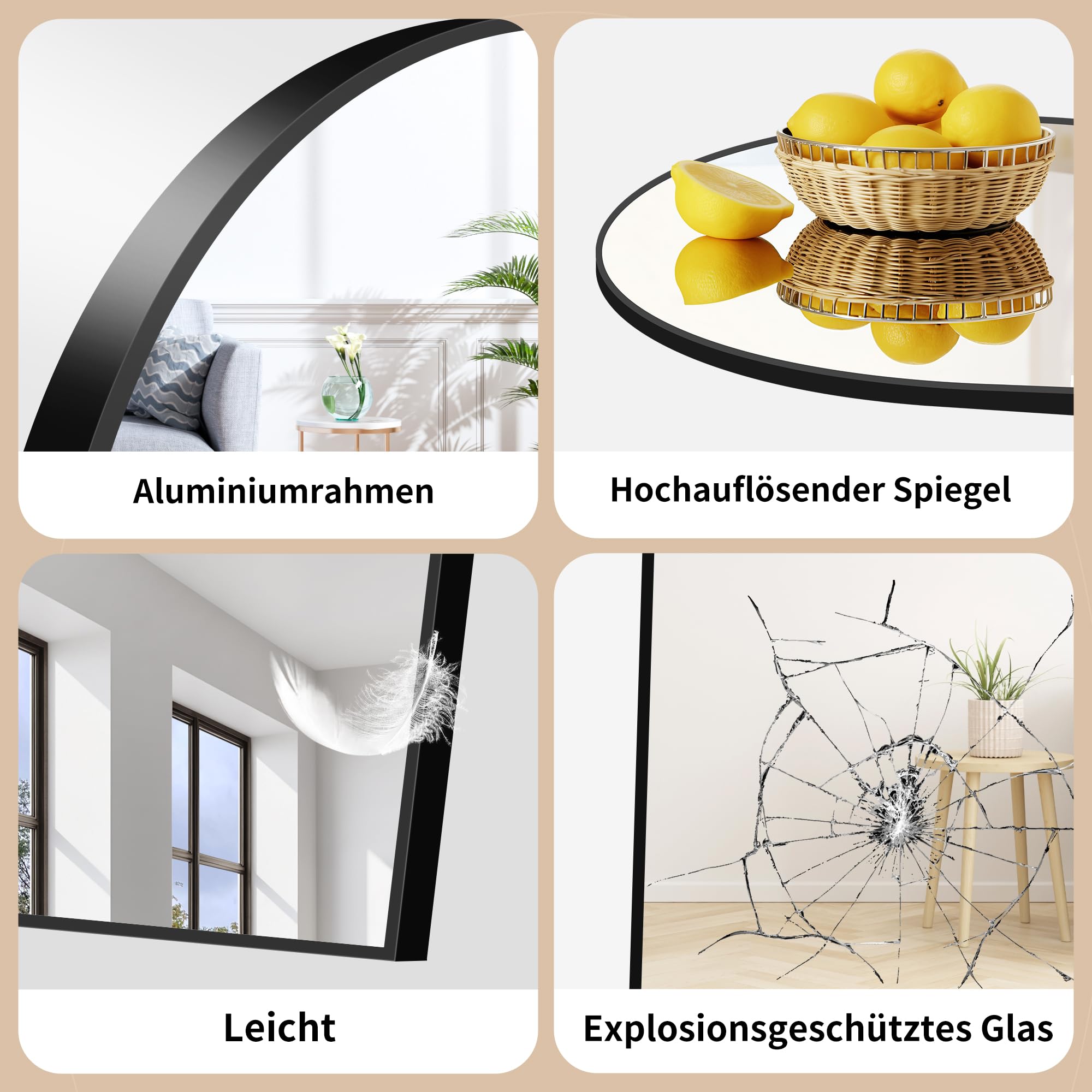 WOLIBEER Großer Ganzkörperspiegel 179x65 cm XXL Standspiegel und Wandspiegel mit Schwarzem Aluminiumrahmen Sicherer Stabiler Deko-Spiegel für Wohnzimmer Schlafzimmer Flur Schmink