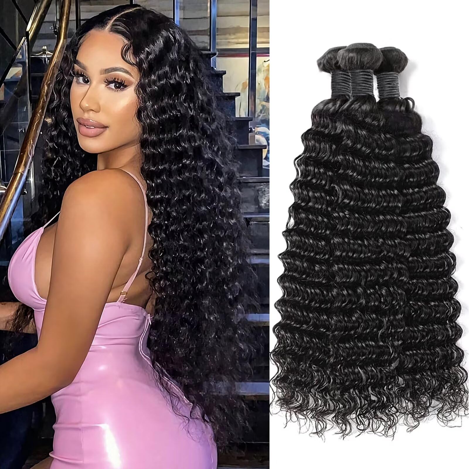 Qunatuma Human Hair Bundles Curly Deep Wave 12A 100% Unprocessed Brazilian Virgin Weave 3 Bundles 22 Inch Black Sew-In Hair Extensions