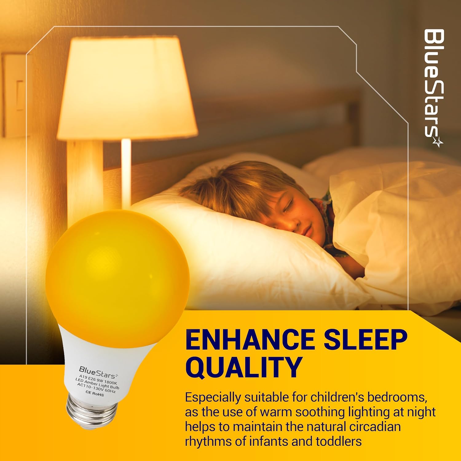 BlueStars Amber Sleep Light Bulbs Blue Light Blocking A19 9W (60 Watt Equivalent) 1800K Warm Lighting with E26 Base - Amber Soft Light Bulb for Restful Sleep Bedroom Kids Room Reading - 4 Packs