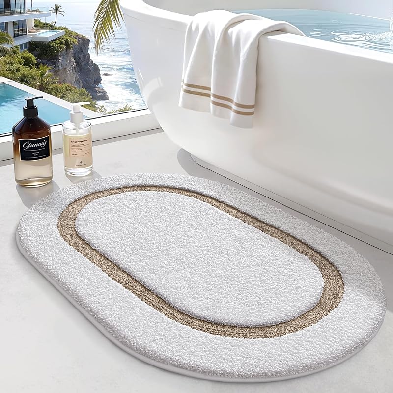 LUMI Oval Bathroom Rug, Absorbent Non Slip Bath Mat, White Khaki, 20"x32" | Luxury Oval Shape, Soft Microfiber with Non Slip Backing, Quick Dry, Machine washable for Bathtub, Shower, Sink, Laundry