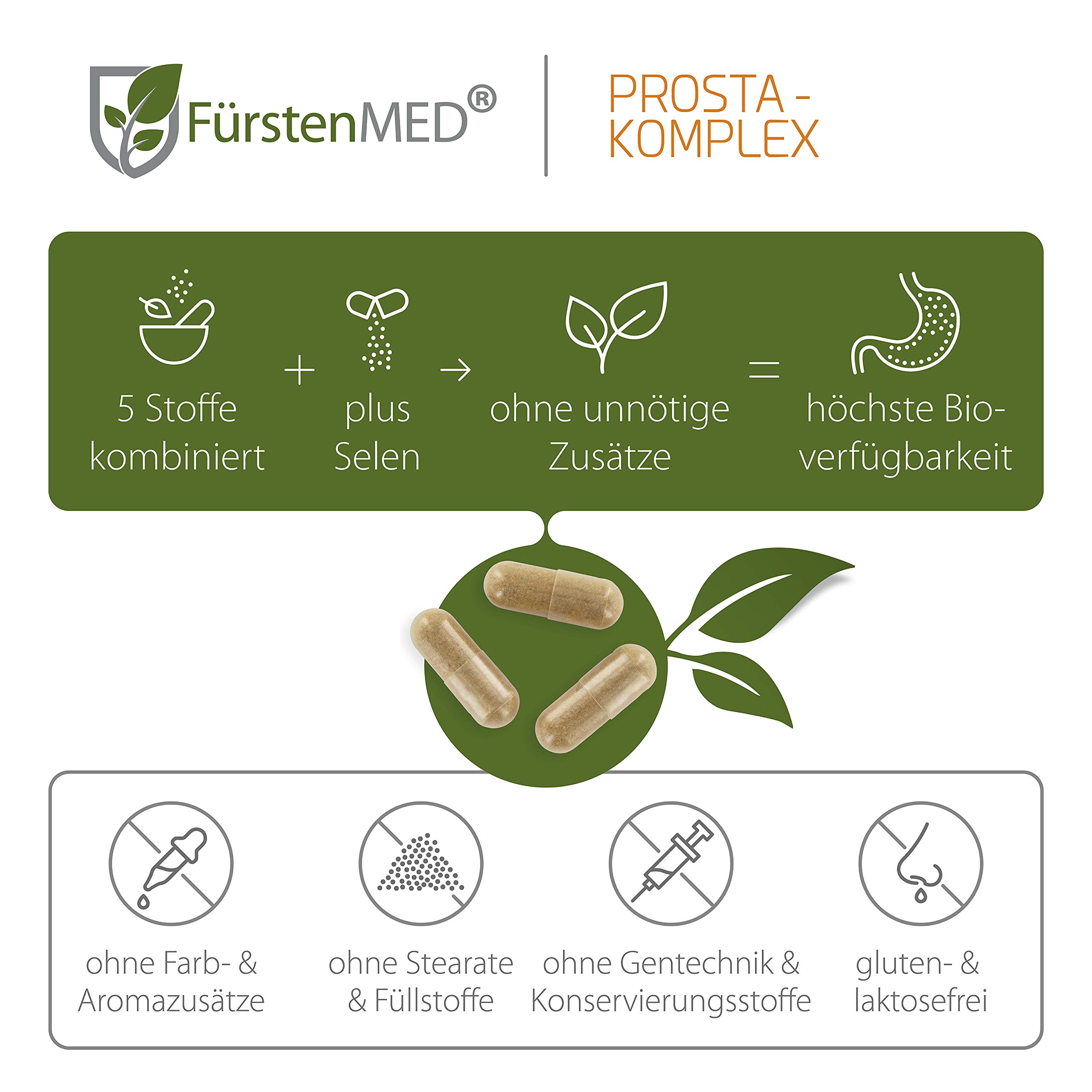 FürstenMED® Prosta Komplex Hochdosiert mit Kürbiskern-Extrakt + Granatapfel + Brennnessel, Soja, Lycopene & Selen - 90 Vegane Kapseln speziell entwickelt für den Mann, Laborgeprüft & Ohne Zusätze