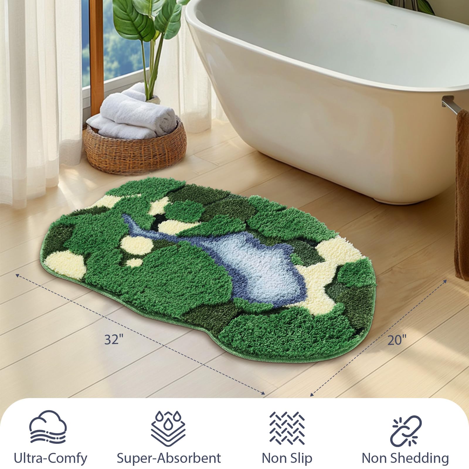 Alfombra de baño de musgo verde, ultra gruesa, suave, decoración estética 3D, bonita alfombra de baño única, súper absorbente, antideslizante, lavable, alfombra de musgo para suelo de ducha
