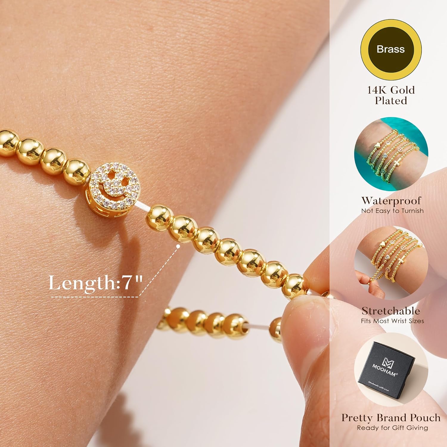 M MOOHAM Gold Beaded Bracelets for Women, 14K Gold-Plated Dainty Cross Puffy Heart Round Cubic Zirconia Stretch Bead Ball Bracelet for Women Trendy Women's Jewelry Gifts - Image 7
