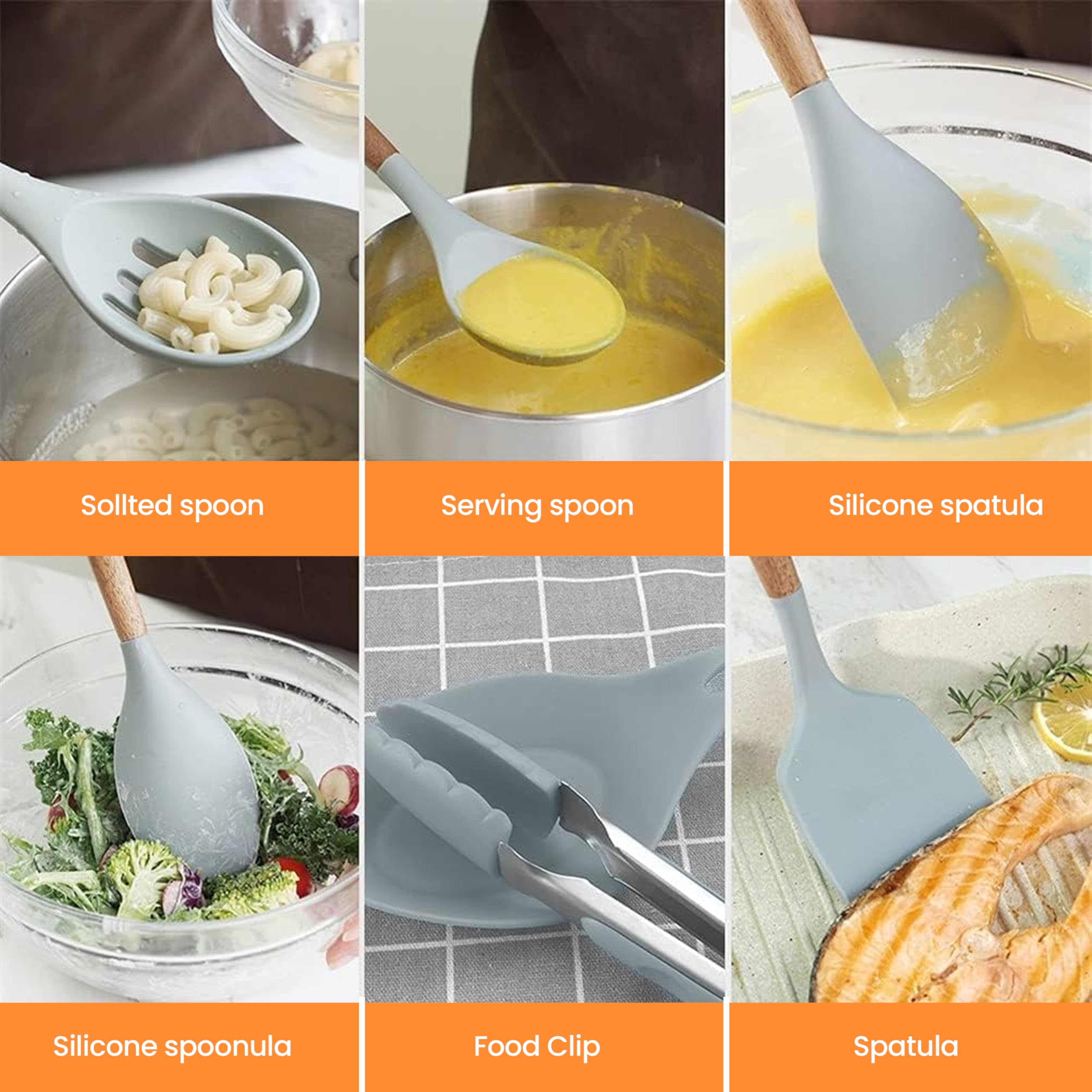Juego de 12 utensilios de cocina de silicona, resistentes al calor, antiadherentes, juego de 12 espátulas, cabeza de silicona y asas de madera (color caqui)