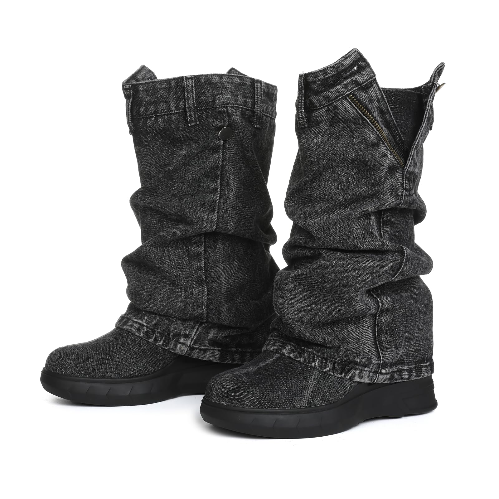Kalstage Womens Denim Mid Calf Boots Fold Over Slouchy Platform Wedge Booties Vintage Y2k Shark Jean Boots