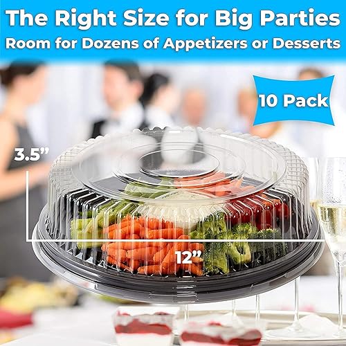 Miniatura 6 de Resistente reciclable de 12 pulgadas Bandeja de servir y tapa 3 unidades Platos grandes de plástico negro con tapas transparentes Bandejas redondas