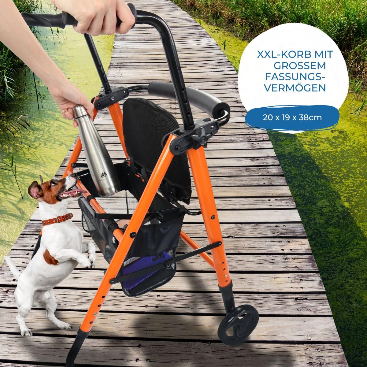 Mobiclinic®, Gehbock mit Rollen Klappbar, Zusammenklappbar, Höhenverstellbar, Nerón, Rollator, Mit Sitz und Rückenlehne, 2 Räder und Rutschfeste Trittflächen, Ablagekorb, Leichtgewicht, Stahl, Orange