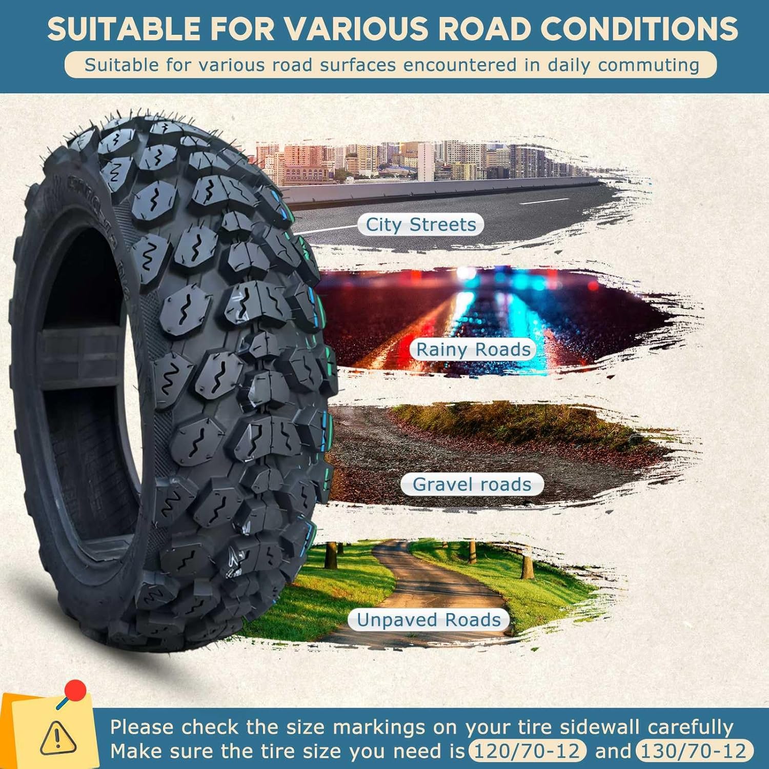 120/70-12 130/70-12 Tire Set Knobby Tires with Block Shaped Treads Punch Resistant Off Road 120 70 12 130 70 12 Dirt Bike Tubeless llantas with Valve Stem, Pneu 8 P.R. 300KPA Offroad Neumaticos