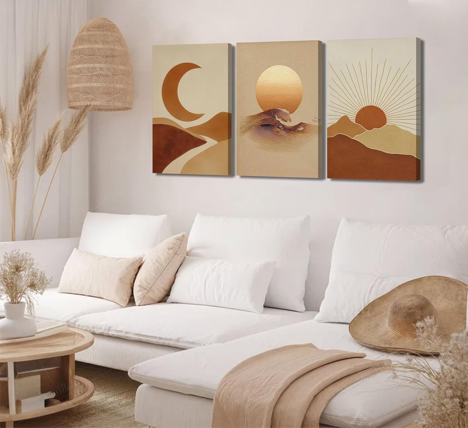 3Pcs Boho Sun and Moon Canvas Wall Art Abstract Poster Print Mid Century Modern Picture Earth Tone Minimalist Celestial Painting Wall Decor for Bedroom Living Room 12x16in Framed