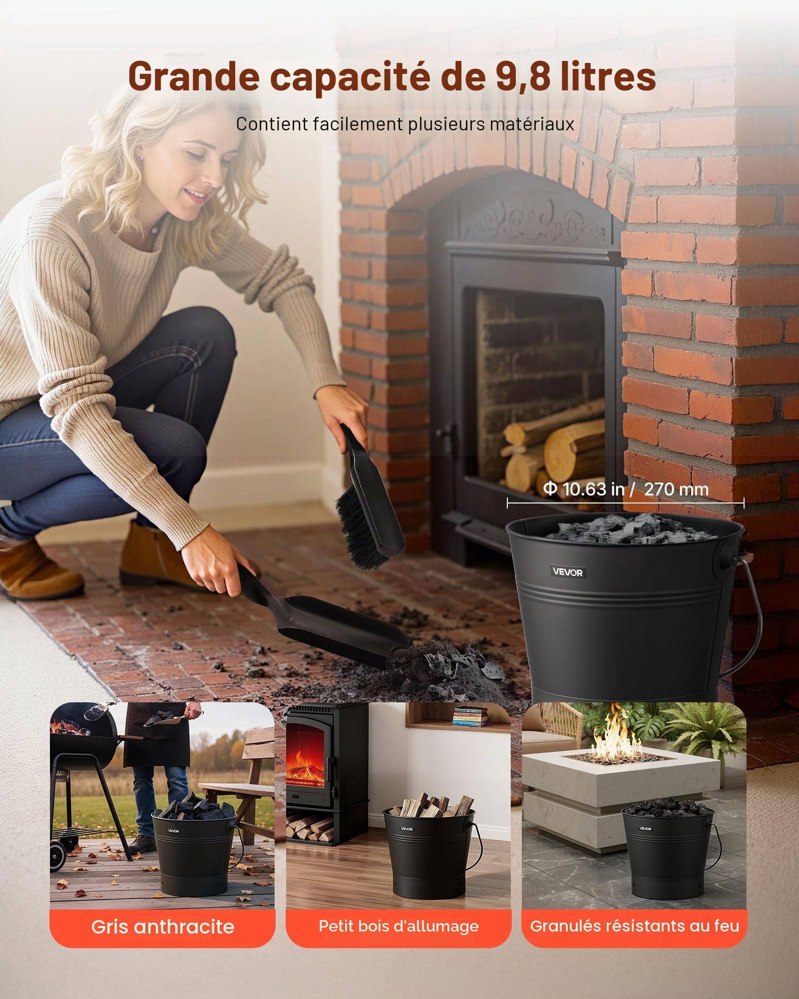VEVOR Seau à cendres, 4 pièces, seau à charbon de bois et cendrier en métal avec couvercle, pelle, balai et gants, grande capacité de 9,8 L pour cheminée, foyers, poêles à bois, intérieur et extérieur