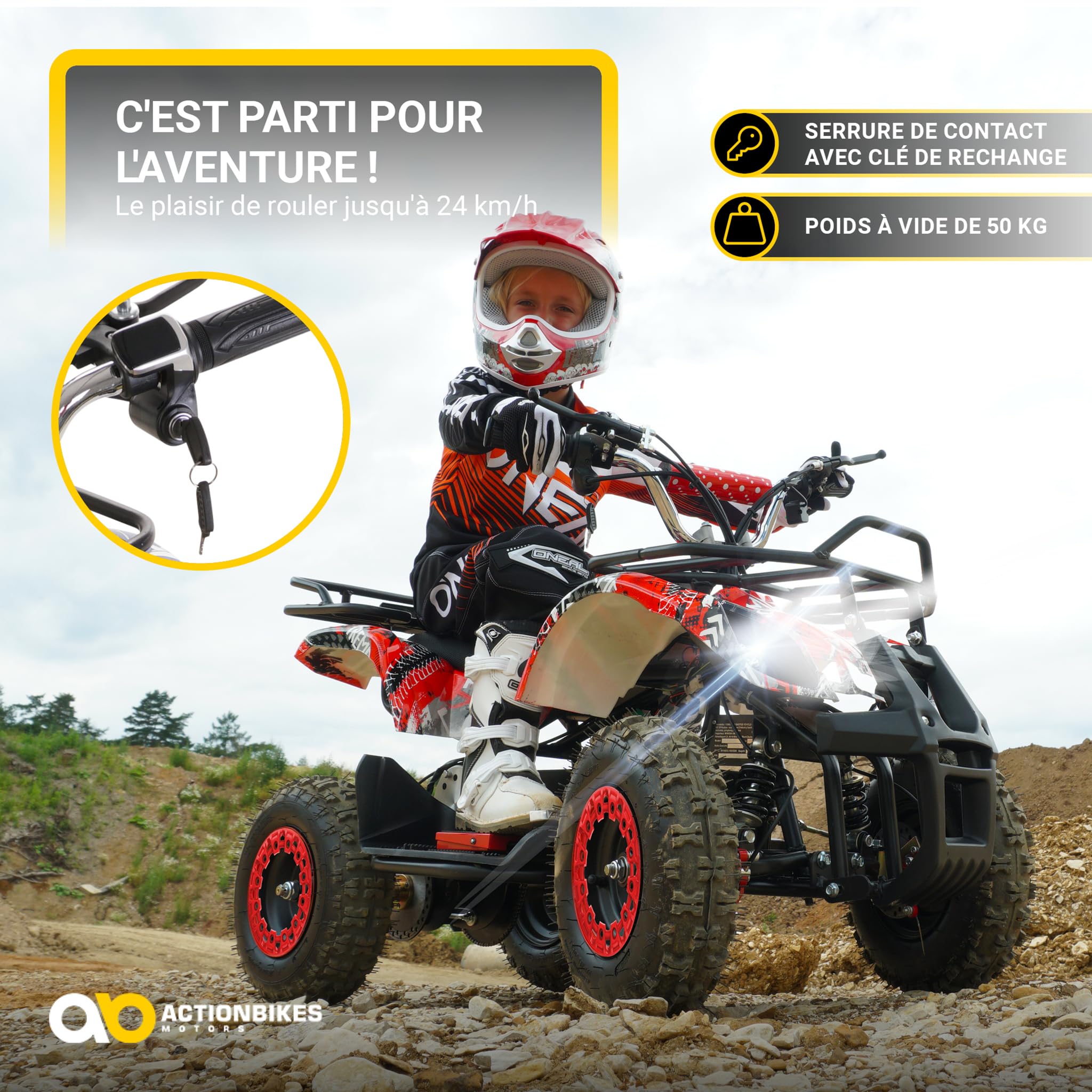 Actionbikes Motors Quad électrique Enfant ATV Torino | 36 Volts 1000 Watts Jusqu’à 24 km/h - Quad Enfant - Pocket Quad - pédale de sécurité Safety Touch - Mini Quad - dès 8 Ans (Noir)