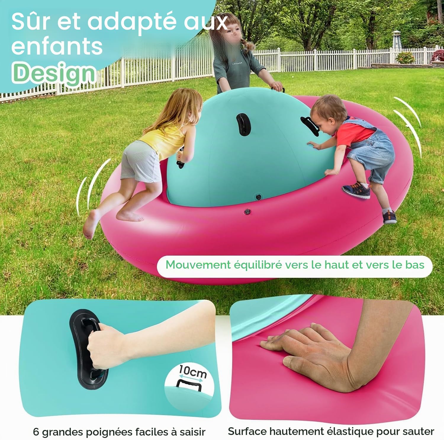 FANTASK Transat Gonflable pour Enfants de 223 cm pour Rouler, Incliner, escalader et Sauter avec 6 poignées intégrées (Rose + Vert)