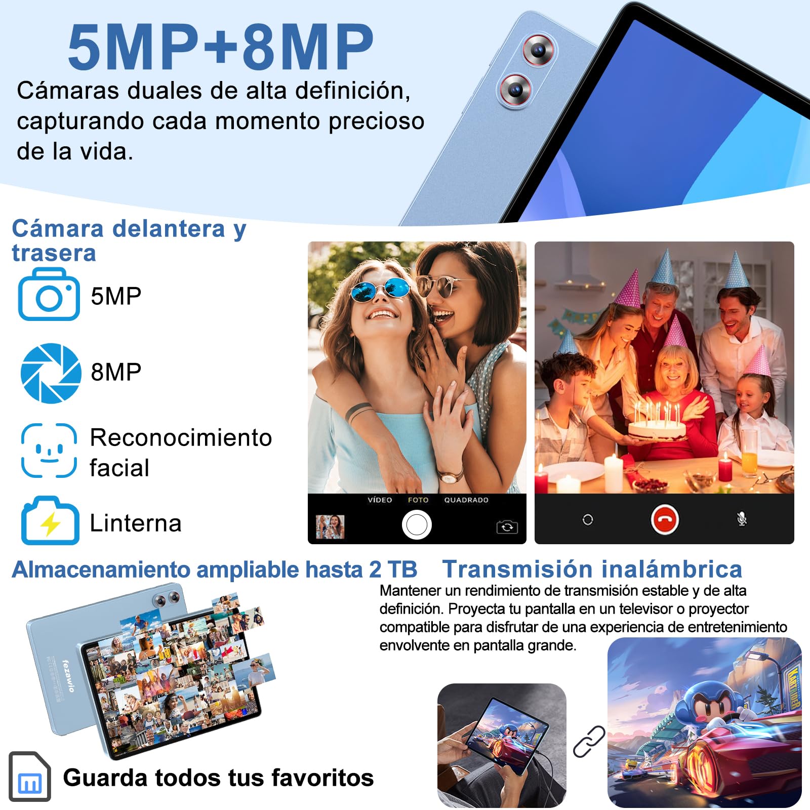 Tablet Tableta Android 15 Octa-Core 2.0 GHz｜30GB RAM + 128GB ROM（TF 1TB ）｜8000mAh｜5G WiFi 6｜ BT 5.0｜Cámara Dual｜GMS Certificación｜ Widevine L1｜5MP+8MP｜10.1 Pulgadas con Teclado y Ratón Color Azul