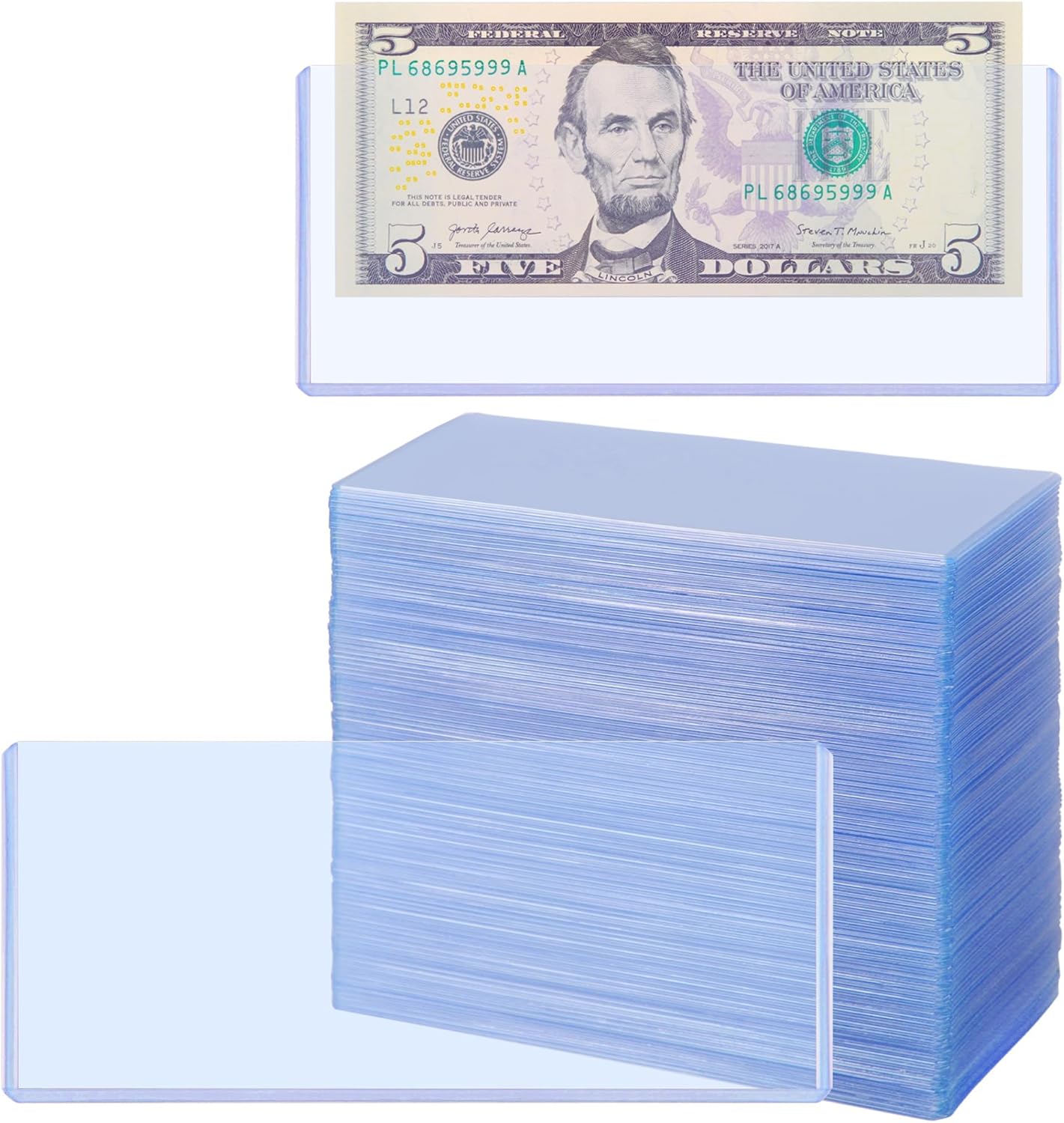 Uncle Paul 100PCS Banknotes Top-Insert Holders - Currency PVC Transparent Bill Money Top-Load Sleeves Display Holder for Regular Bills Protector Storage Cases Collectors PN03L100