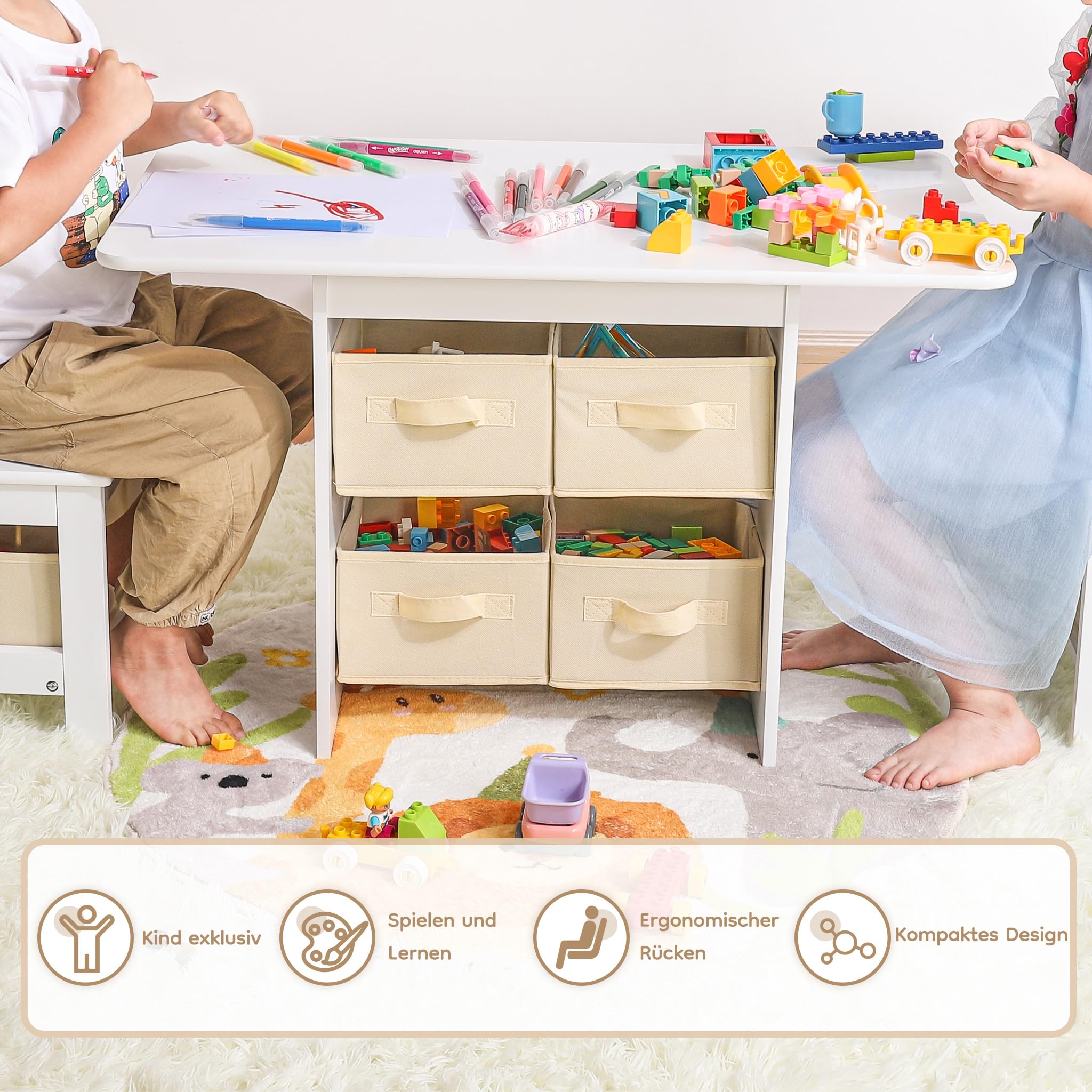 Yorbay Kindertisch mit 2 Stühlen Holz: 3 teilige Kindersitzgruppe mit Stauraum - Multifunktionaler Kinder Tisch Stuhl Set Sitzgruppe für ab 3 Jahre - Maltisch Spieltisch für Kinderzimmer
