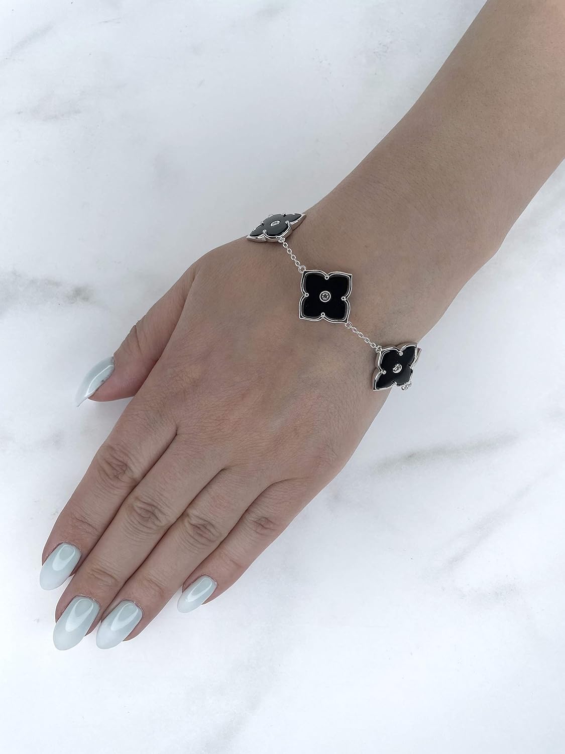 Lavari Jewelers Flower Bracelet for Women - Black Onyx or Mother of Pearl & Cubic Zirconia in 925 Sterling Silver - Hypoallergenic Gold Plated - Adjustable Clover Bracelet for Her - Lobster Claw Clasp - Image 2